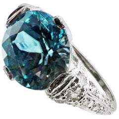 Art Deco Vibrant Blue Zircon Platinum Diamond Ring