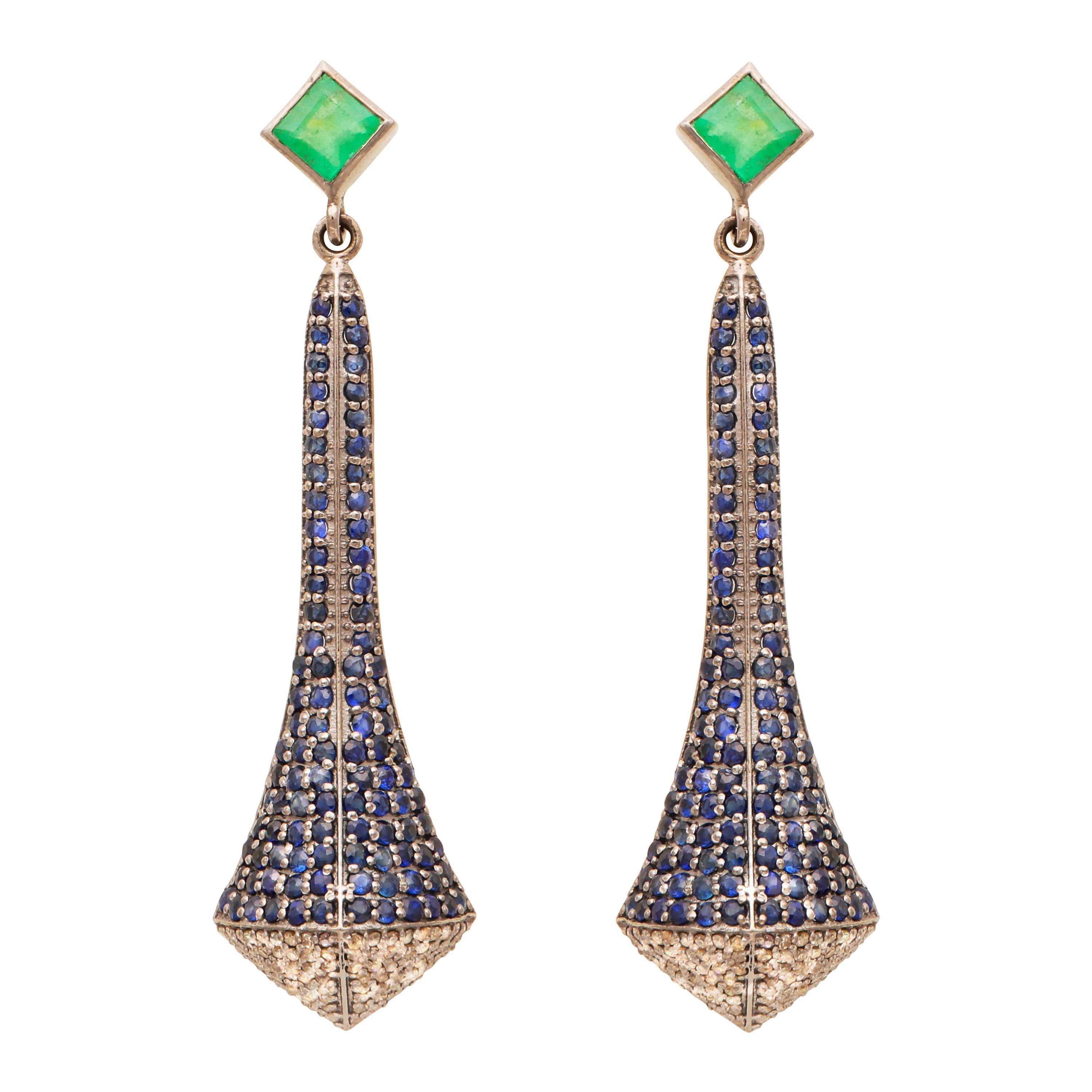Art Deco Style Victorian Sapphire and Emerald Drop Earrings