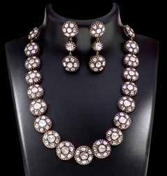 Art-Deco Victorian Style Polki Diamond Necklace and Earrings Set