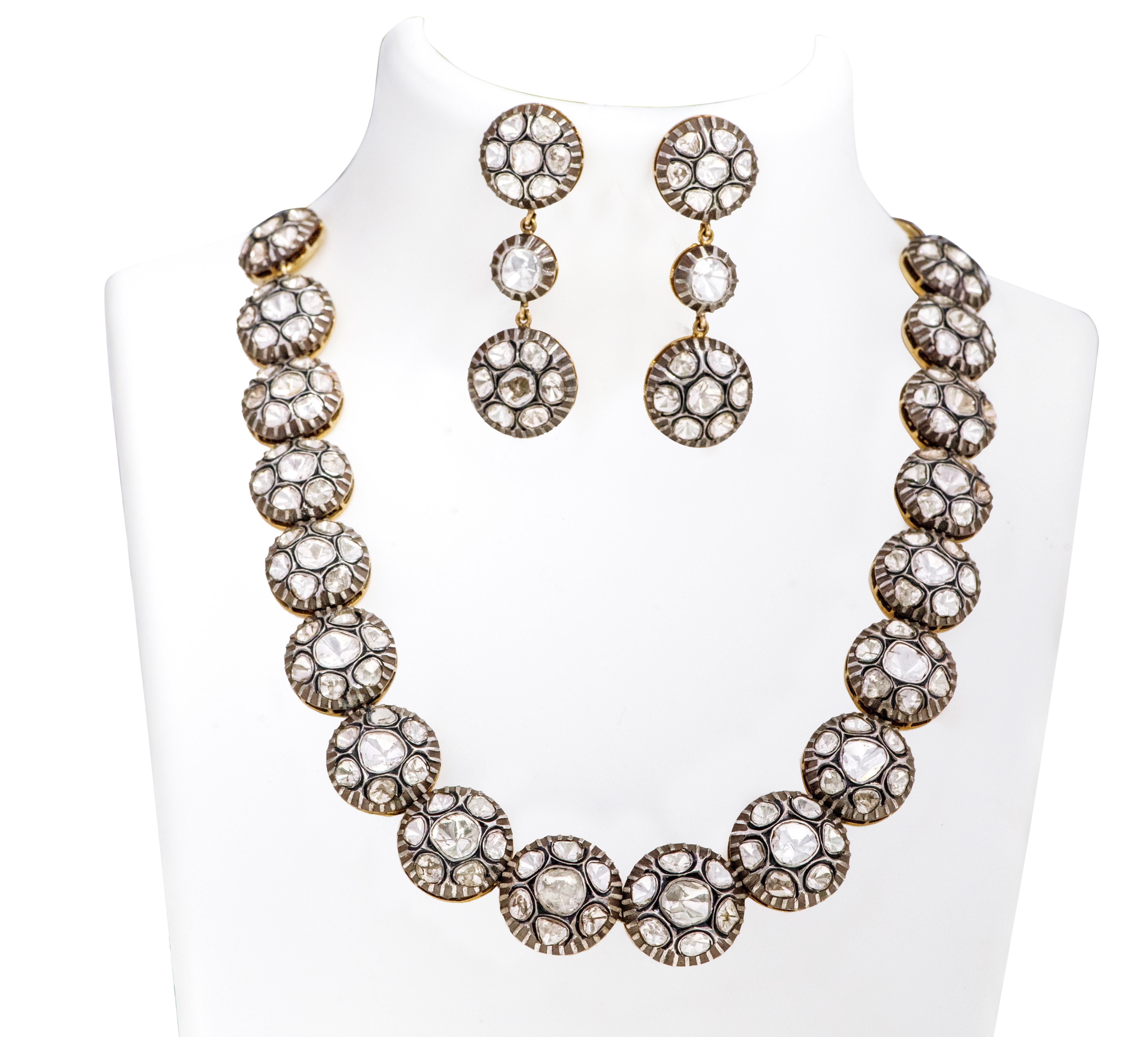 Art Deco Art-Deco Victorian Style Polki Diamond Necklace and Earrings Set For Sale