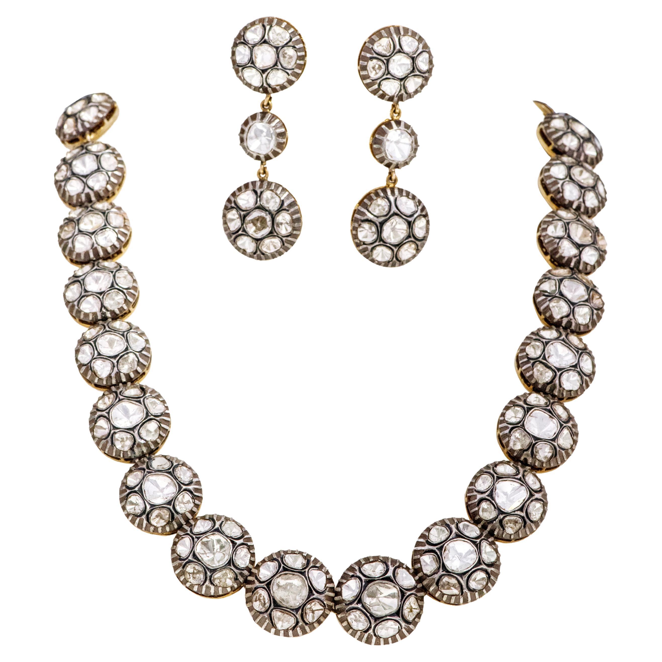 Art-Deco Victorian Style Polki Diamond Necklace and Earrings Set For Sale