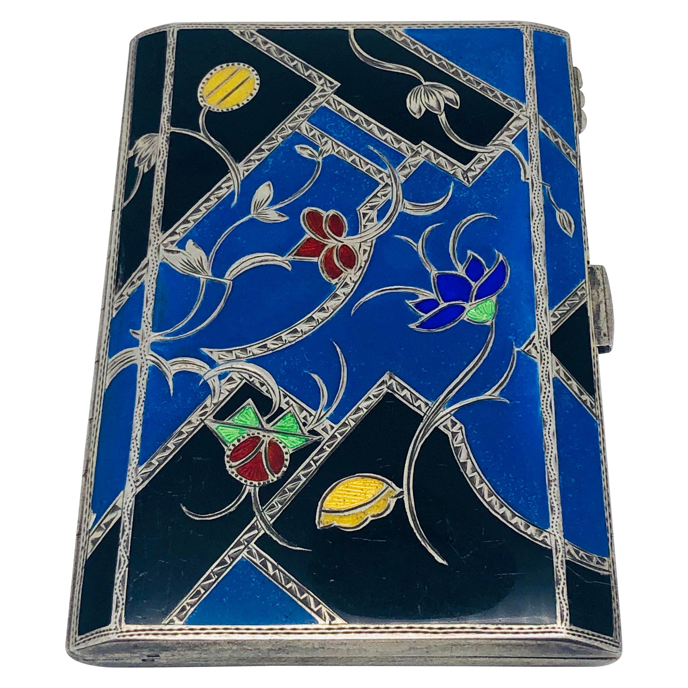 Antiqu  Art Deco Vienna Silver Enamel Calling Card Holder