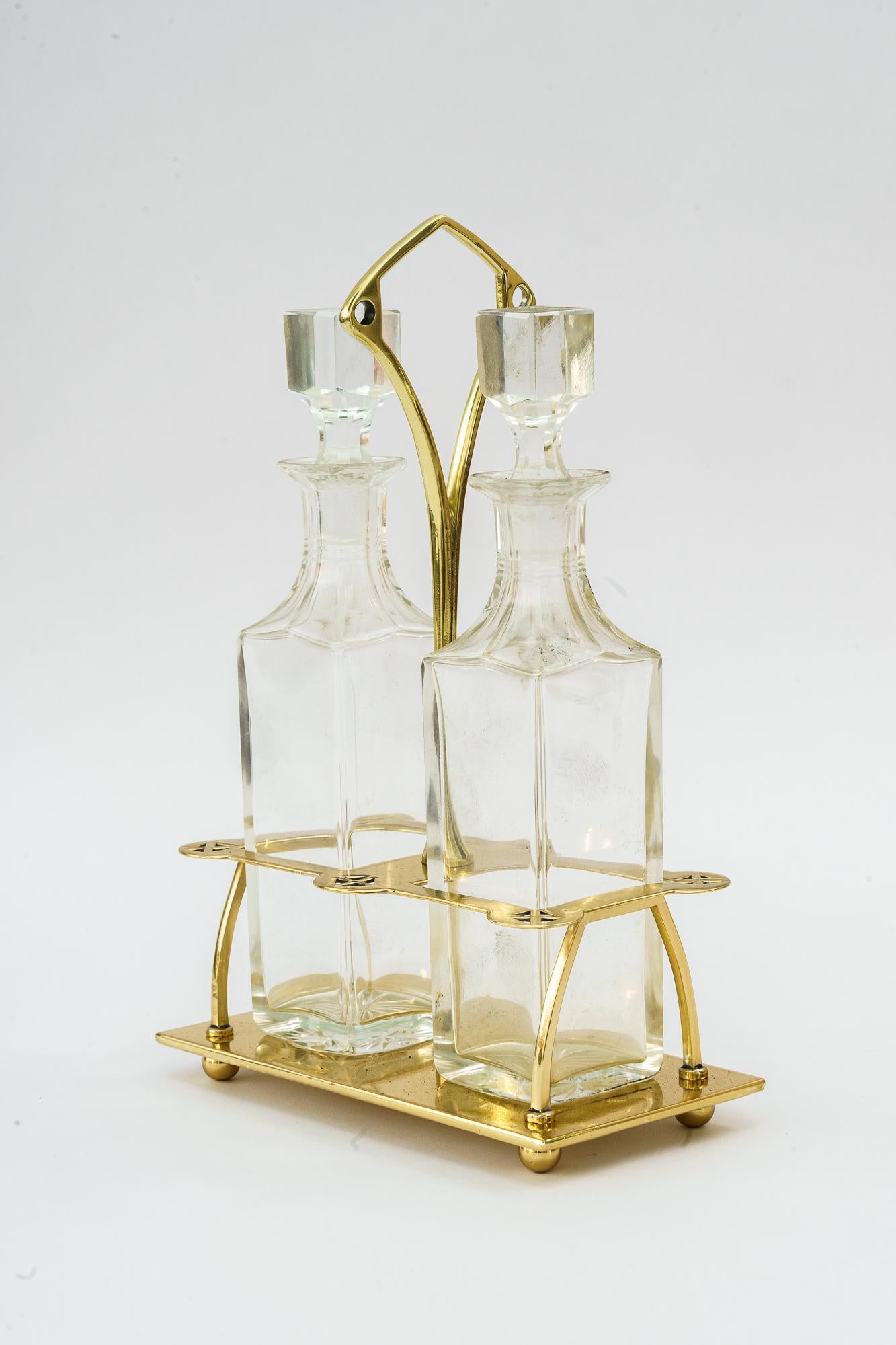 Brass Art Deco Vinegar and Oil with Cut glass Around 1920s