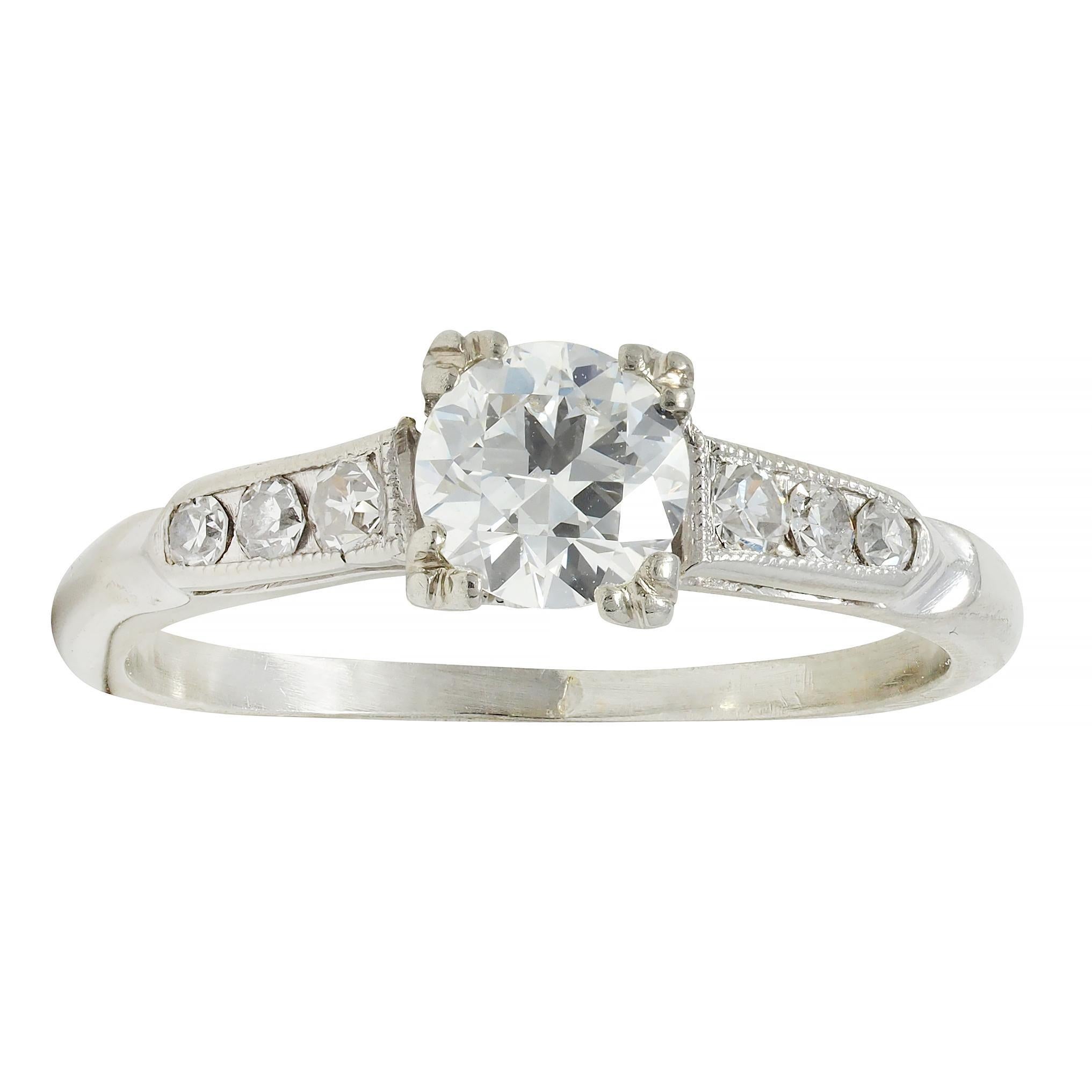 Art Deco Vintage 0.52 CTW European Diamond 18 Karat White Gold Engagement Ring For Sale 6