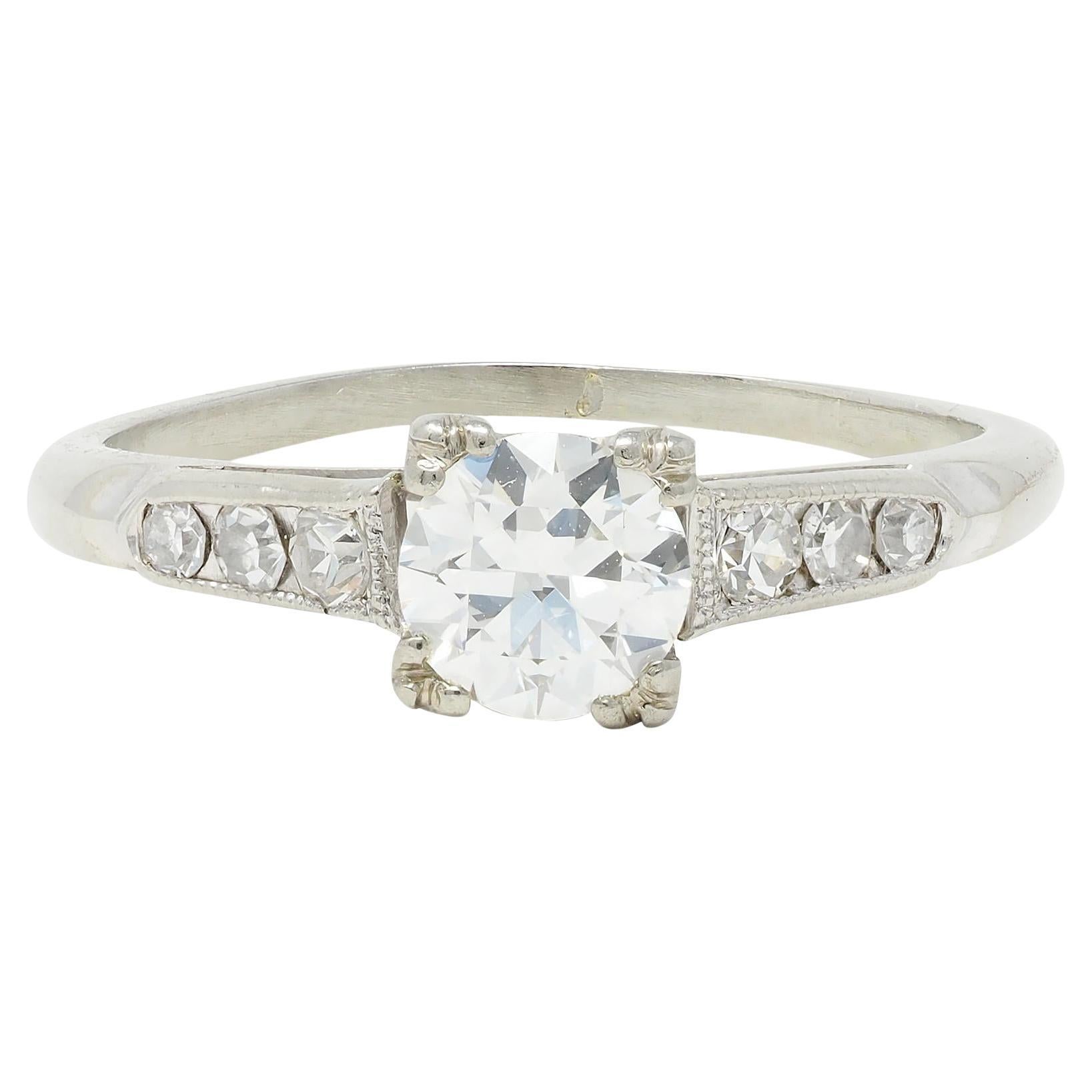 Bague de fiançailles Art déco vintage en or blanc 18 carats avec diamants européens 0,52 carat en vente