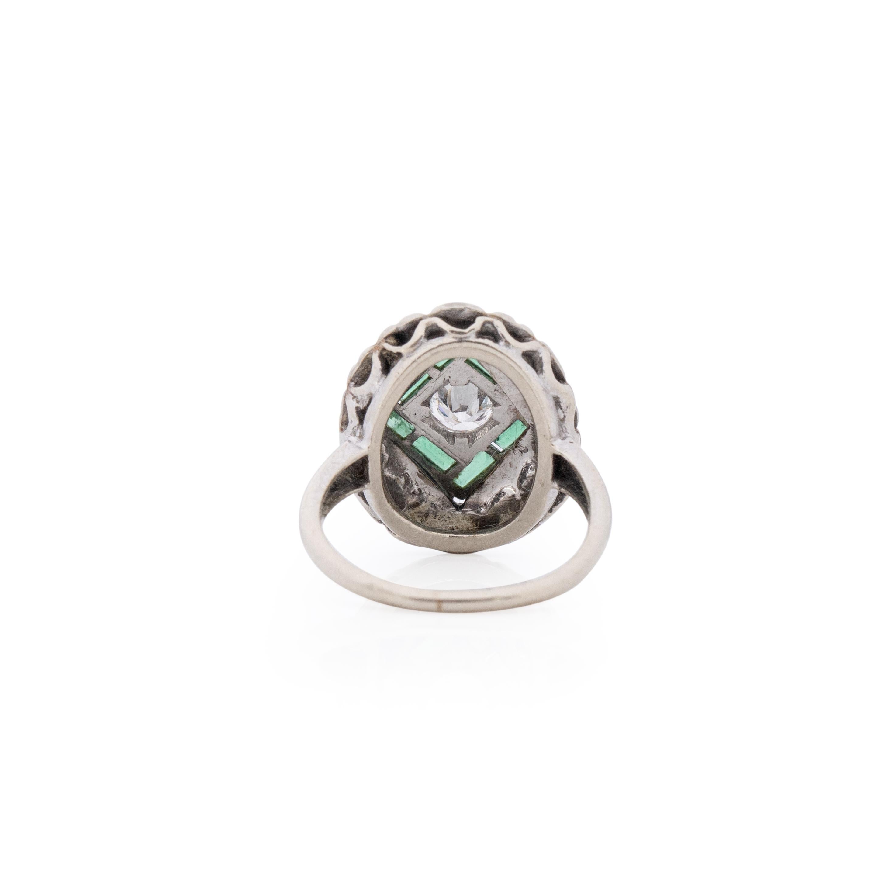 Old European Cut Art Deco Vintage 10k White Gold Diamond Emerald Antique Small Shield Ring