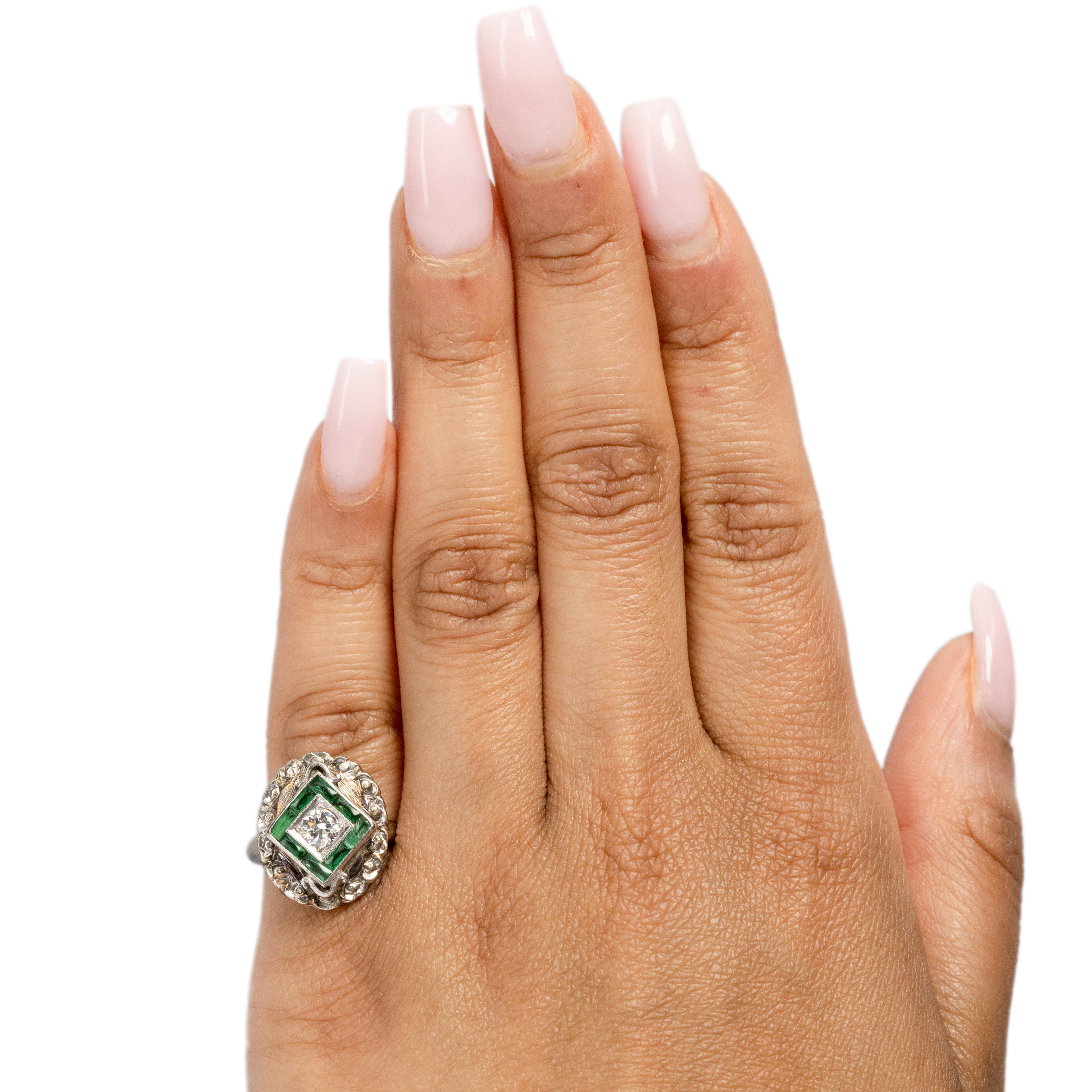 Women's or Men's Art Deco Vintage 10k White Gold Diamond Emerald Antique Small Shield Ring