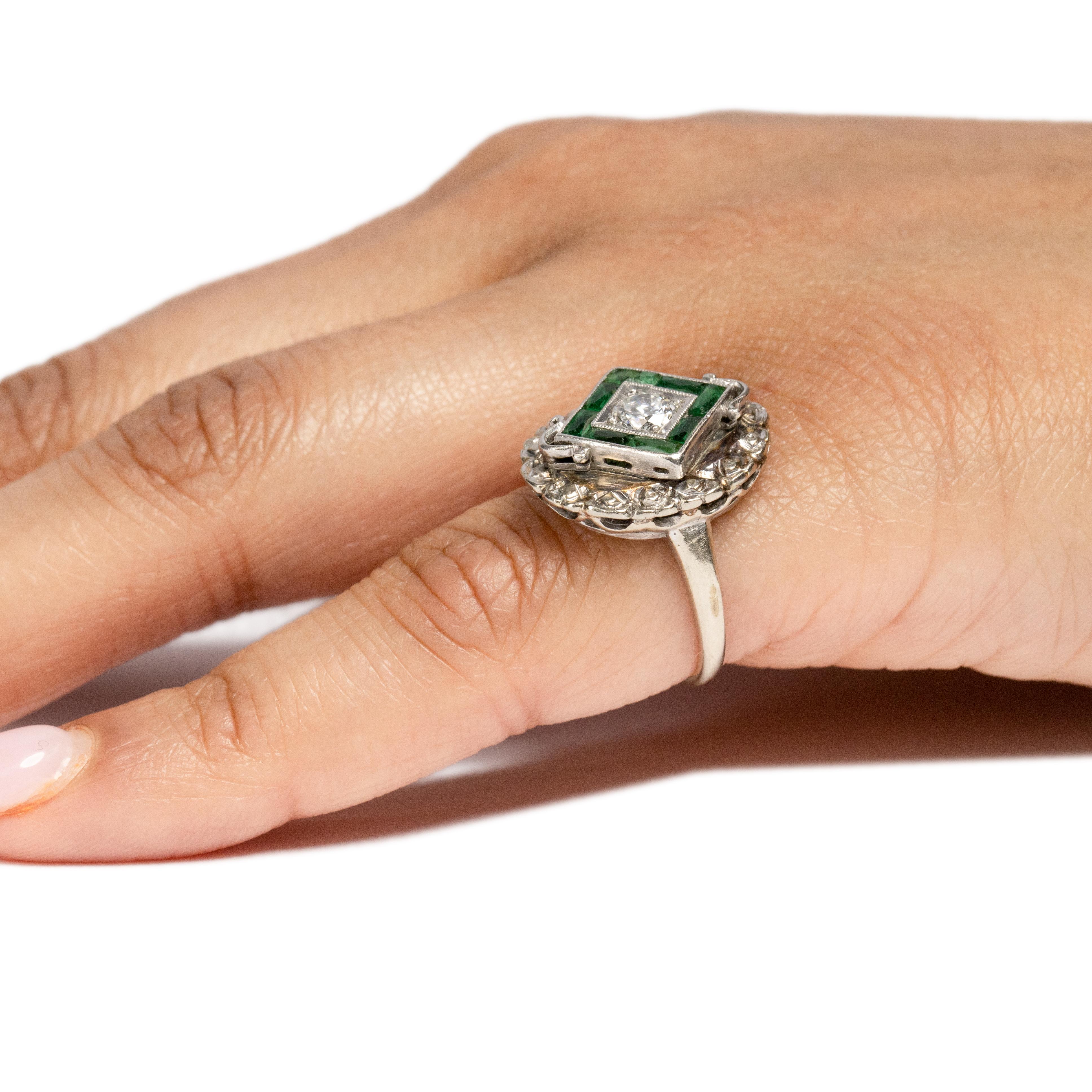 Art Deco Vintage 10k White Gold Diamond Emerald Antique Small Shield Ring 2