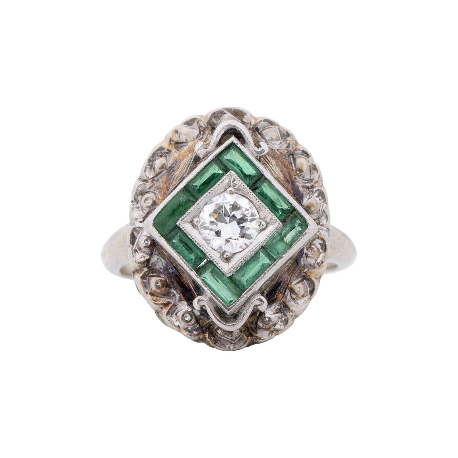 Art Deco Vintage 10k White Gold Diamond Emerald Antique Small Shield Ring