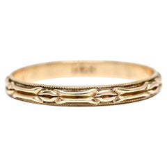 Art Deco Vintage 14 Karat Gold Etched Wedding Band Milgrain Thin Stackable