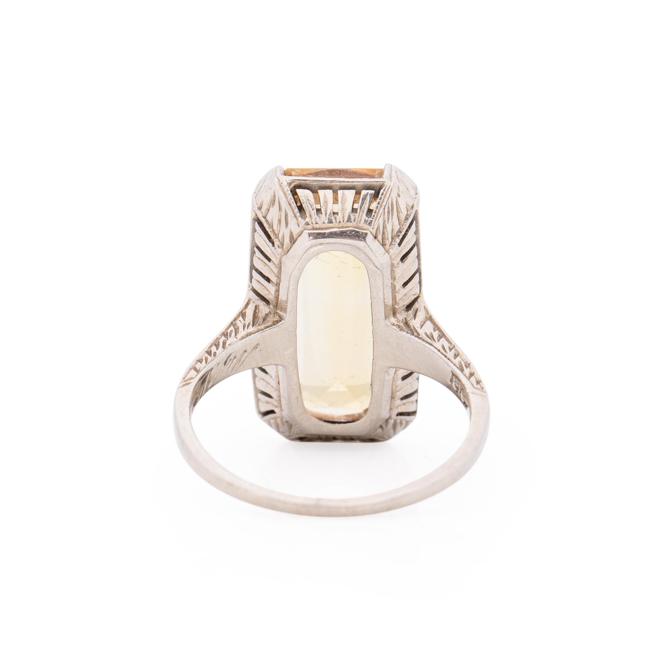 Art Deco Vintage 18k White Gold Floral Carved Radiant Cut Citrine Smoking Ring In Good Condition In Addison, TX