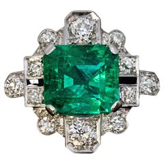 Art Deco Vintage 3.76 Ct Colombian Emerald Diamond Ring