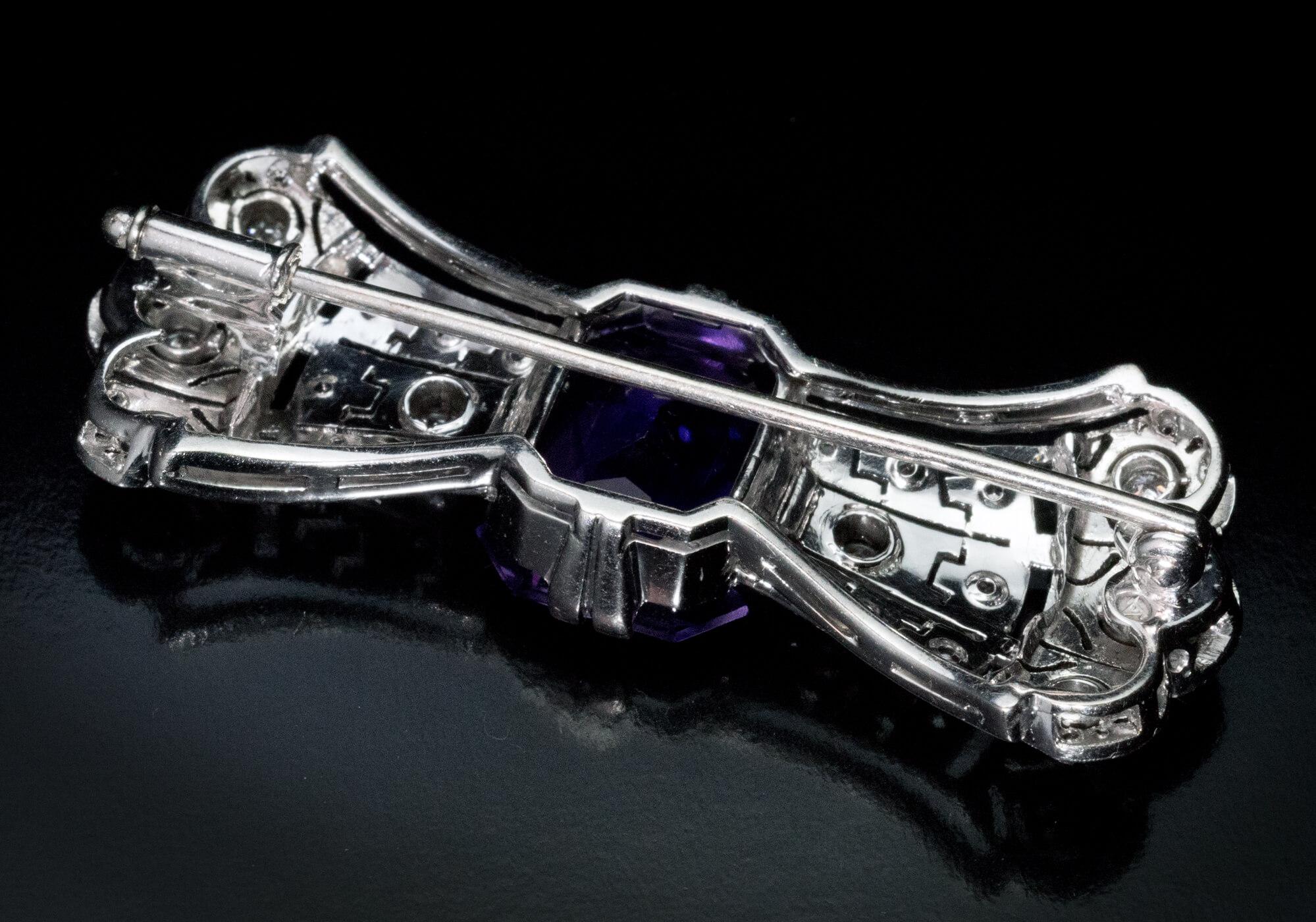 Mixed Cut Art Deco Vintage Amethyst Diamond White Gold Bow Brooch For Sale