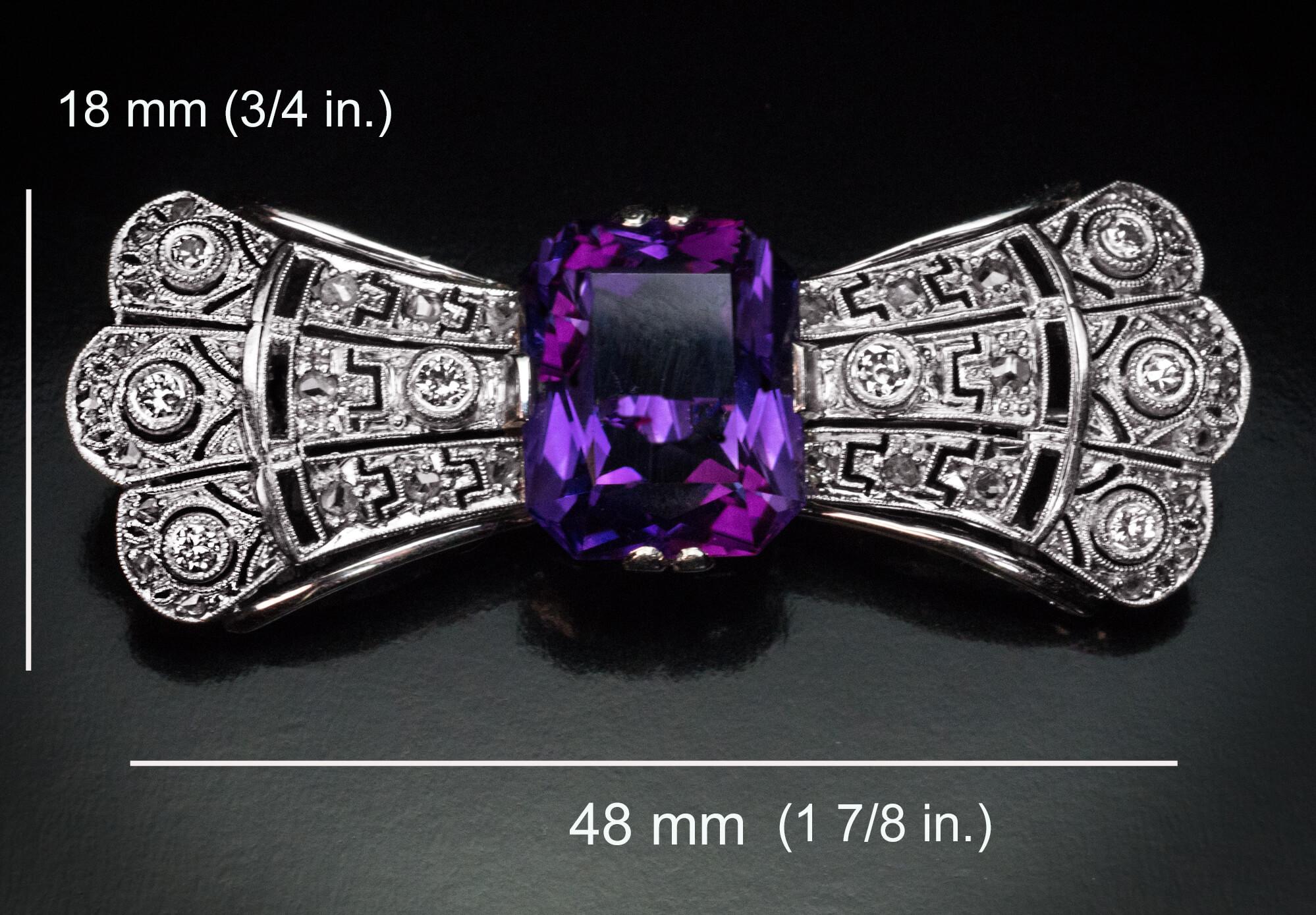 Art Deco Vintage Amethyst Diamond White Gold Bow Brooch In Excellent Condition For Sale In Chicago, IL