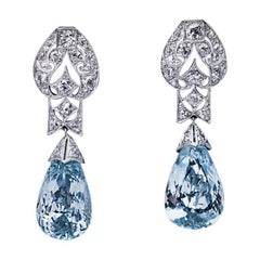 Art Deco Vintage Aquamarine Diamond Platinum Earrings, 1930s