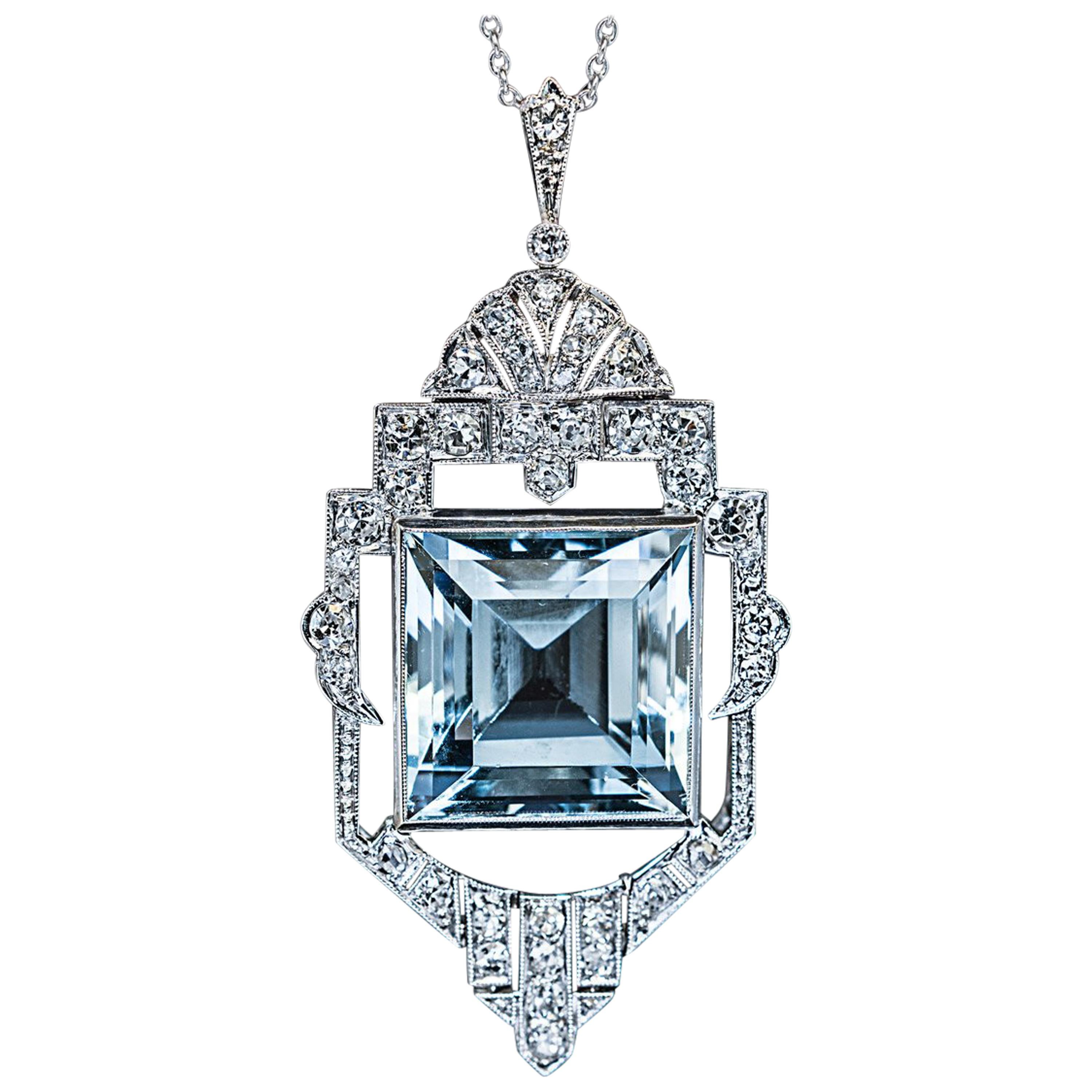Art Deco Vintage Aquamarine Diamond White Gold Necklace, 1930s