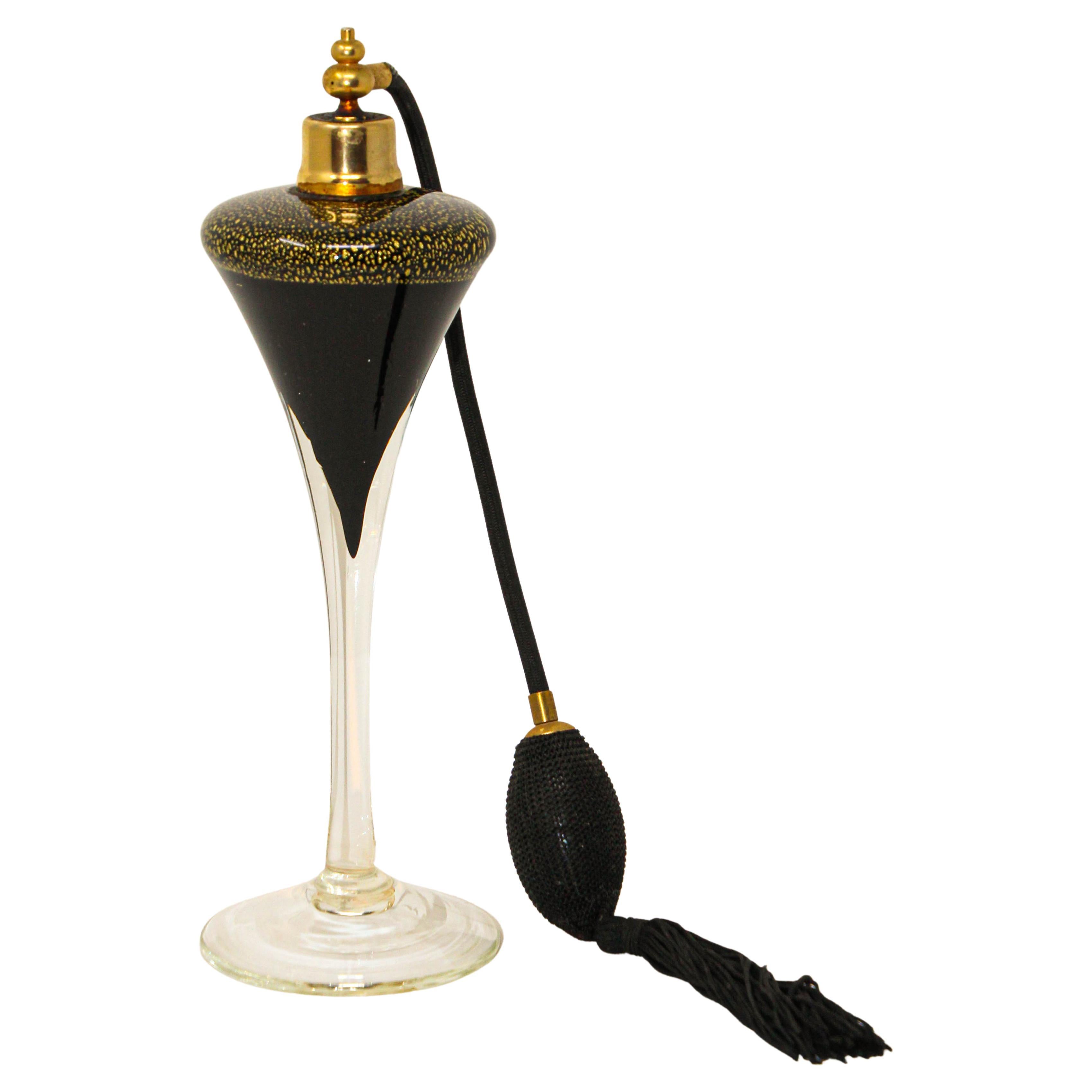Art Deco Vintage Archimede Seguso Tall Black and Gold Perfume Bottle 1960's