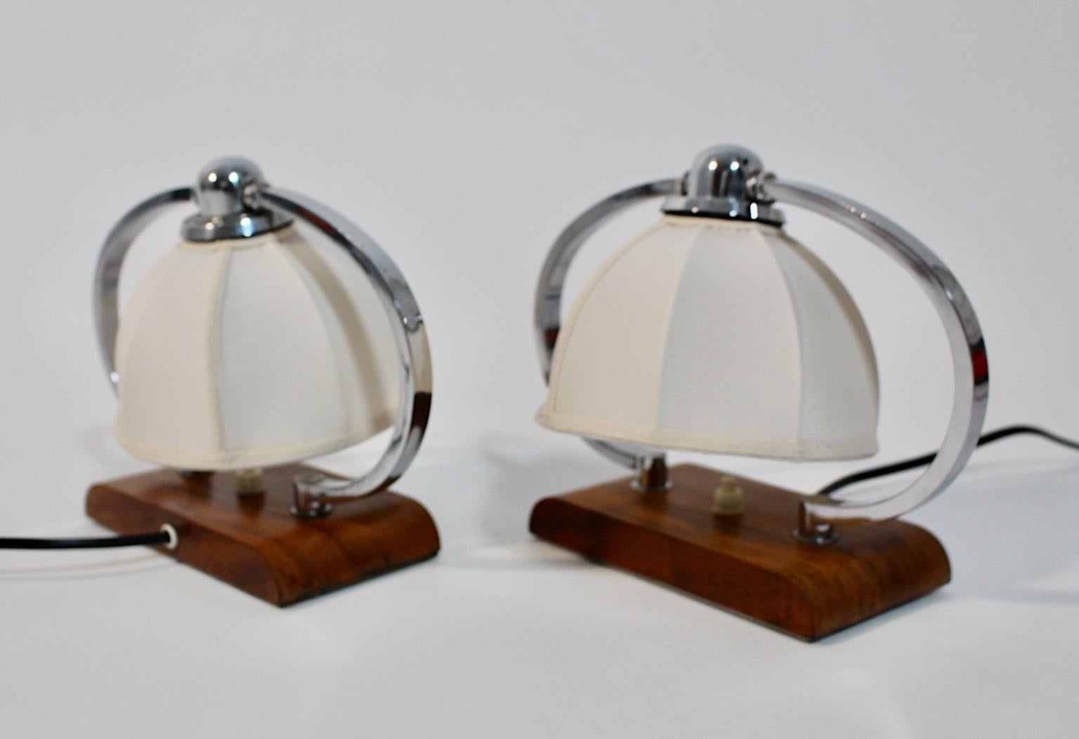Early 20th Century Art Deco Vintage Bedside Lamps Table Lamps Walnut Chromed Metal 1925 Austria For Sale