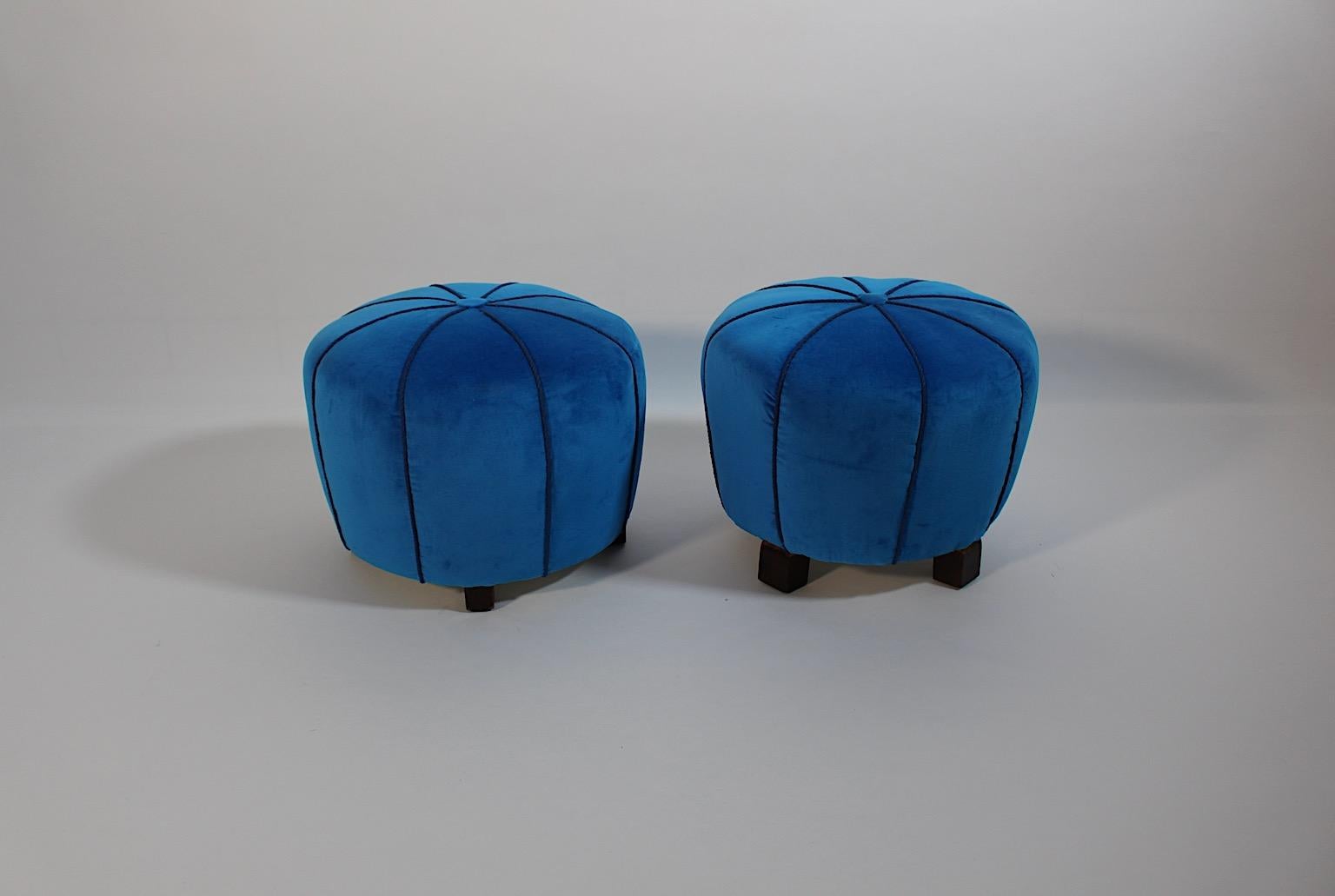 Austrian Art Deco Vintage Beech Blue Velvet Pouf Stool Pair Duo circa 1930 Austria For Sale