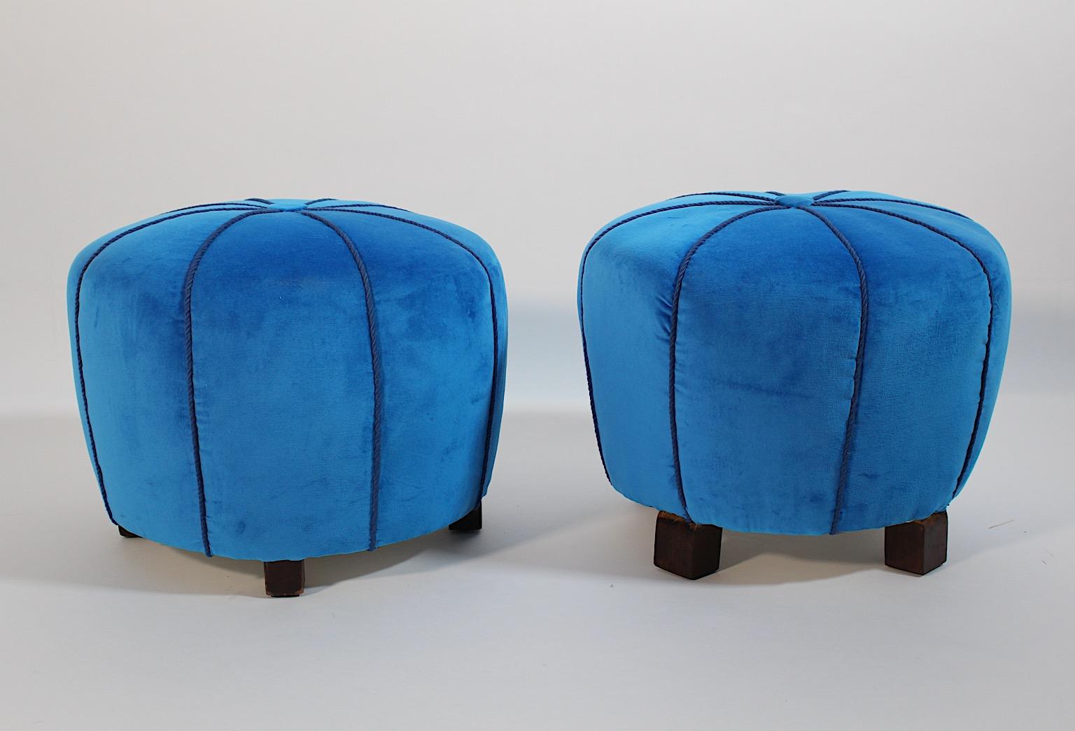 Mid-20th Century Art Deco Vintage Beech Blue Velvet Pouf Stool Pair Duo circa 1930 Austria For Sale