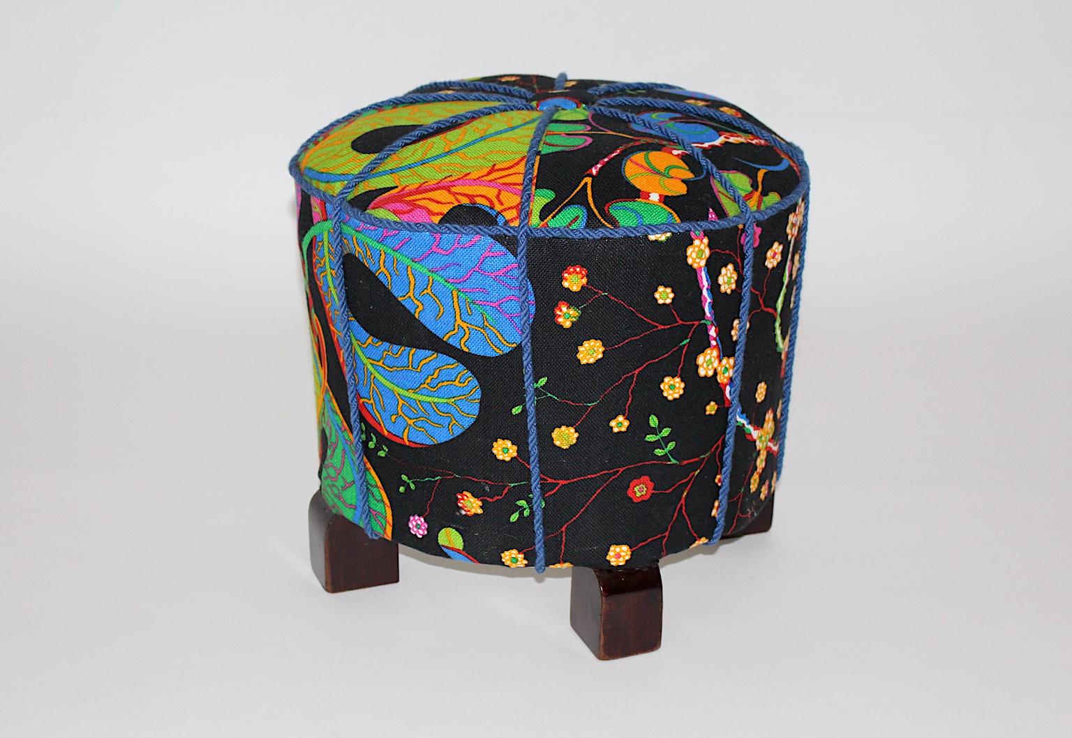 Art Deco Vintage Beech Pouf or Stool with Josef Frank Fabric, 1930s, Austria For Sale 8