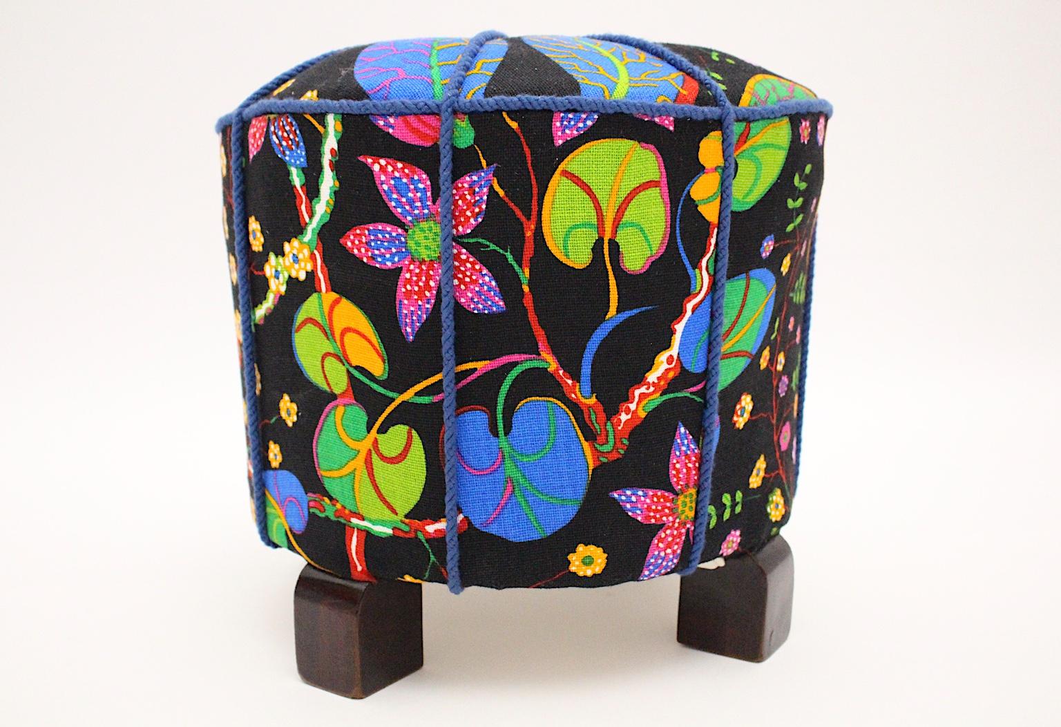 Mid-20th Century Art Deco Vintage Beech Pouf or Stool with Josef Frank Fabric, 1930s, Austria For Sale