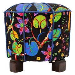 Art Deco Vintage Beech Pouf Stool with Josef Frank Fabric, 1930s, Austria