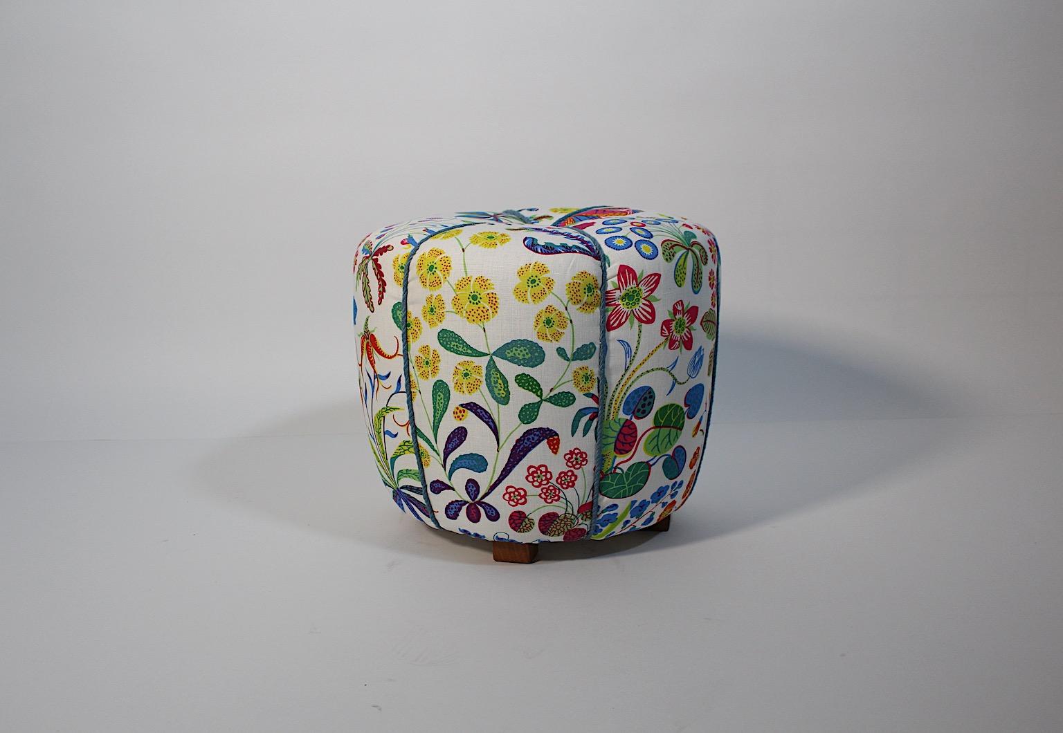 Mid-20th Century Art Deco Vintage Beech White Josef Frank Fabric Pouf or Stool 1930s Vienna For Sale