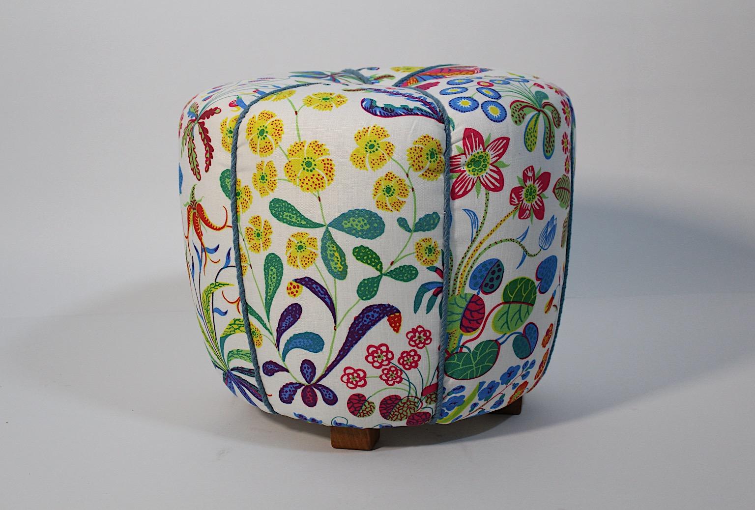 Art Deco Vintage Beech White Josef Frank Fabric Pouf or Stool 1930s Vienna For Sale 1
