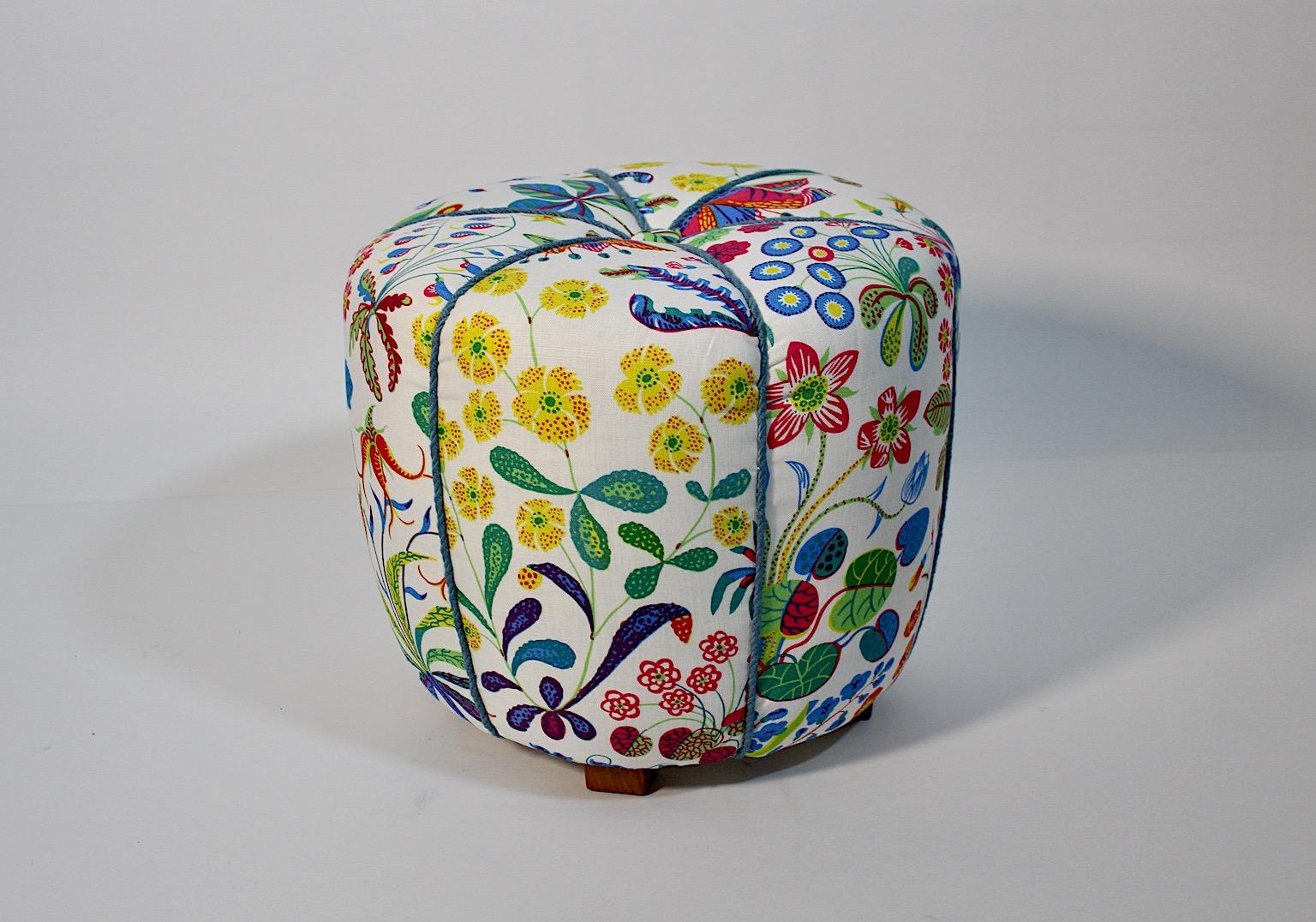 Art Deco Vintage Beech White Josef Frank Fabric Pouf or Stool 1930s Vienna For Sale 2
