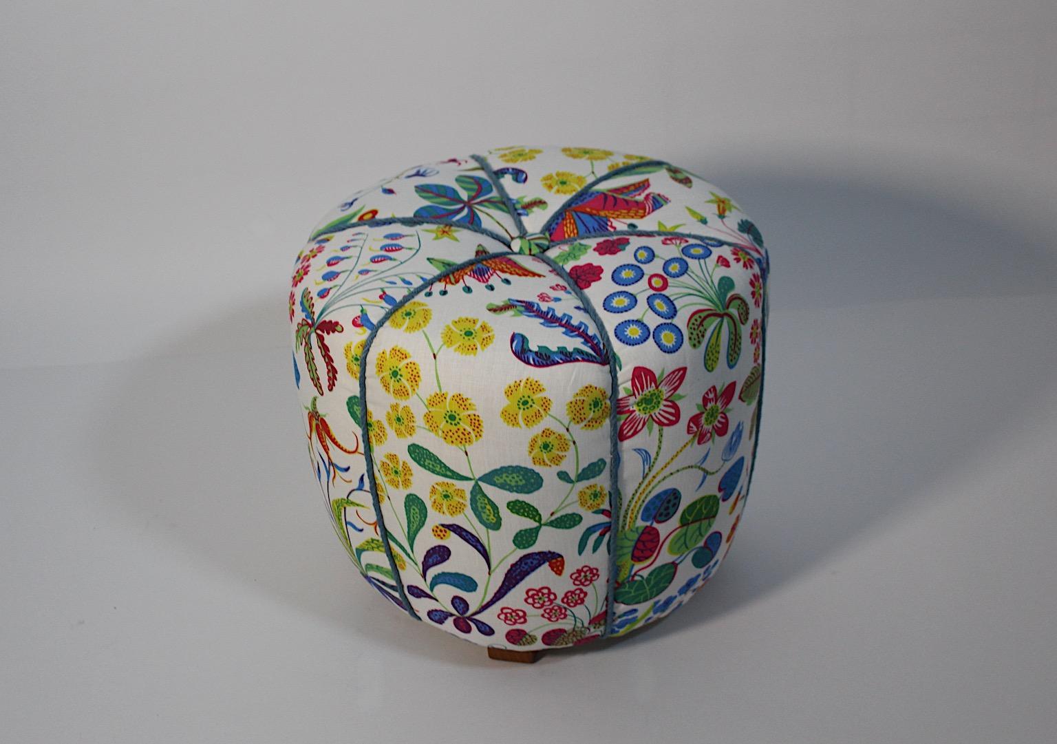 Art Deco Vintage Beech White Josef Frank Fabric Pouf or Stool 1930s Vienna For Sale 4