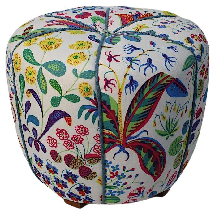 Art Deco Vintage Beech White Josef Frank Fabric Pouf or Stool 1930s Vienna For Sale