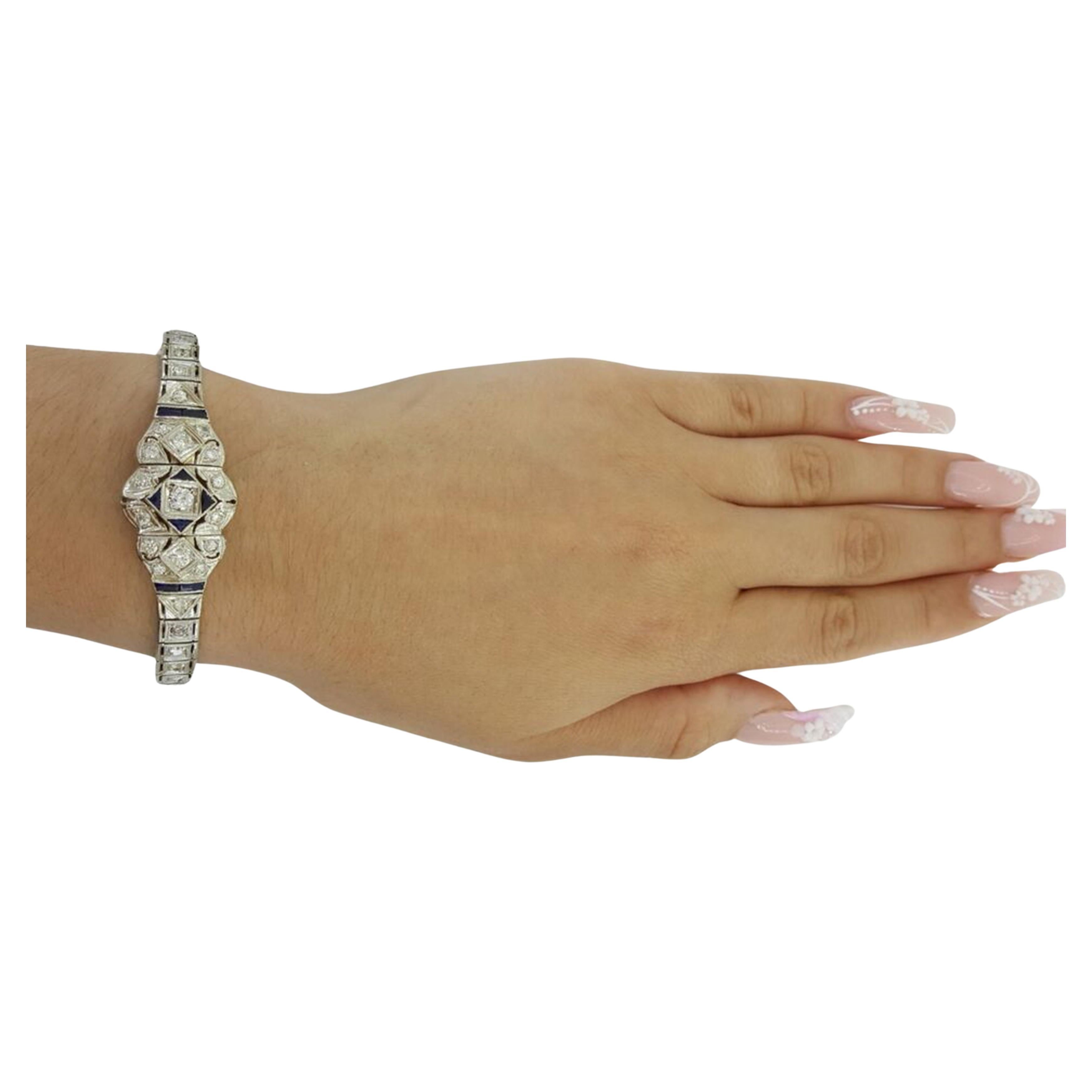 Mixed Cut Art Deco Vintage Blue Sapphires Diamond 18K White Gold Bracelet For Sale