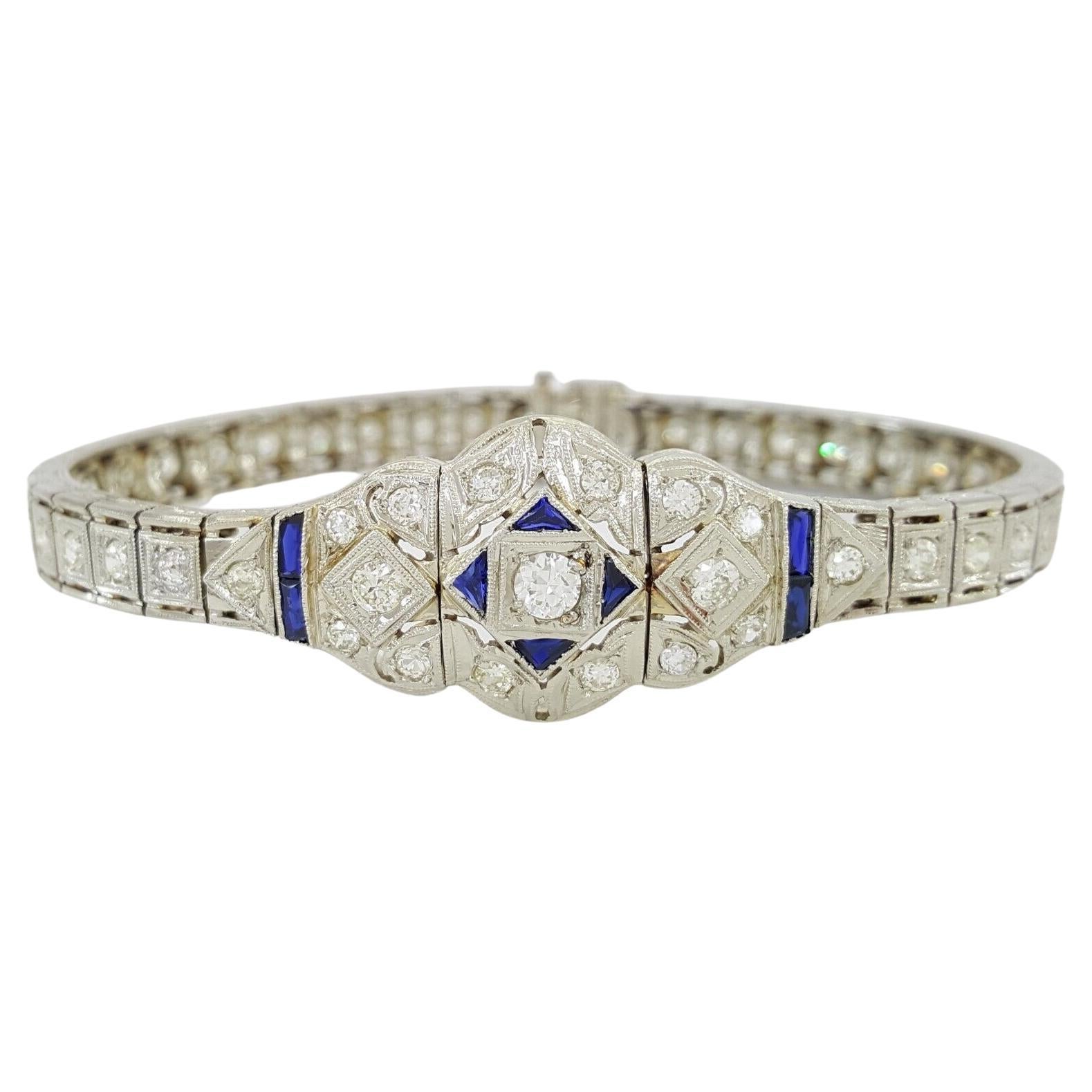 Art Deco Vintage Blue Sapphires Diamond 18K White Gold Bracelet