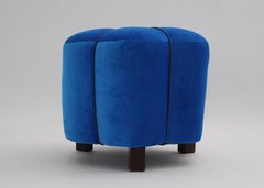Art Deco Vintage Blue Velvet Beech Pouf Stool 1930s Austria