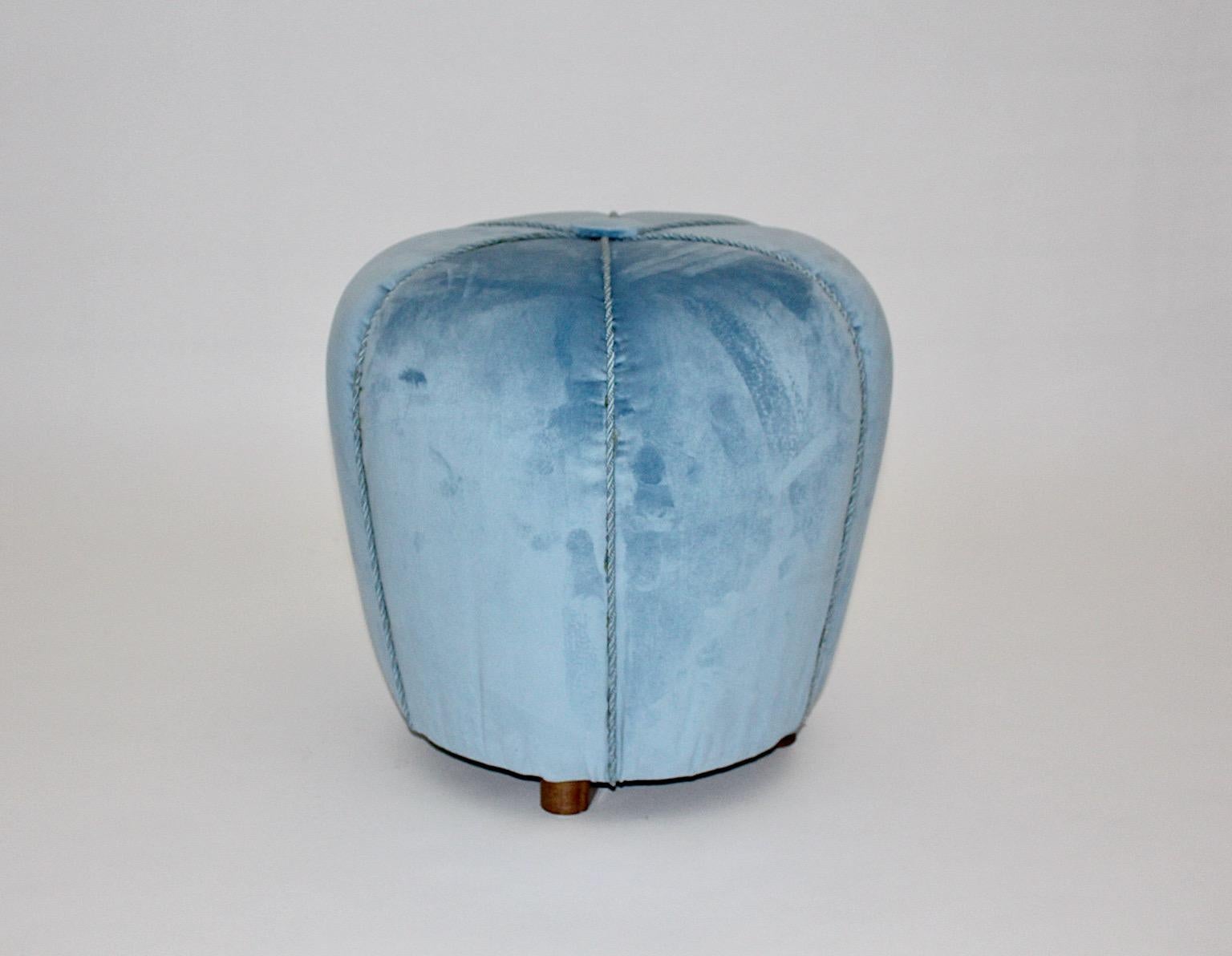 Art Deco Vintage Blue Velvet Walnut Pouf Stool Ottoman 1930s Austria 5