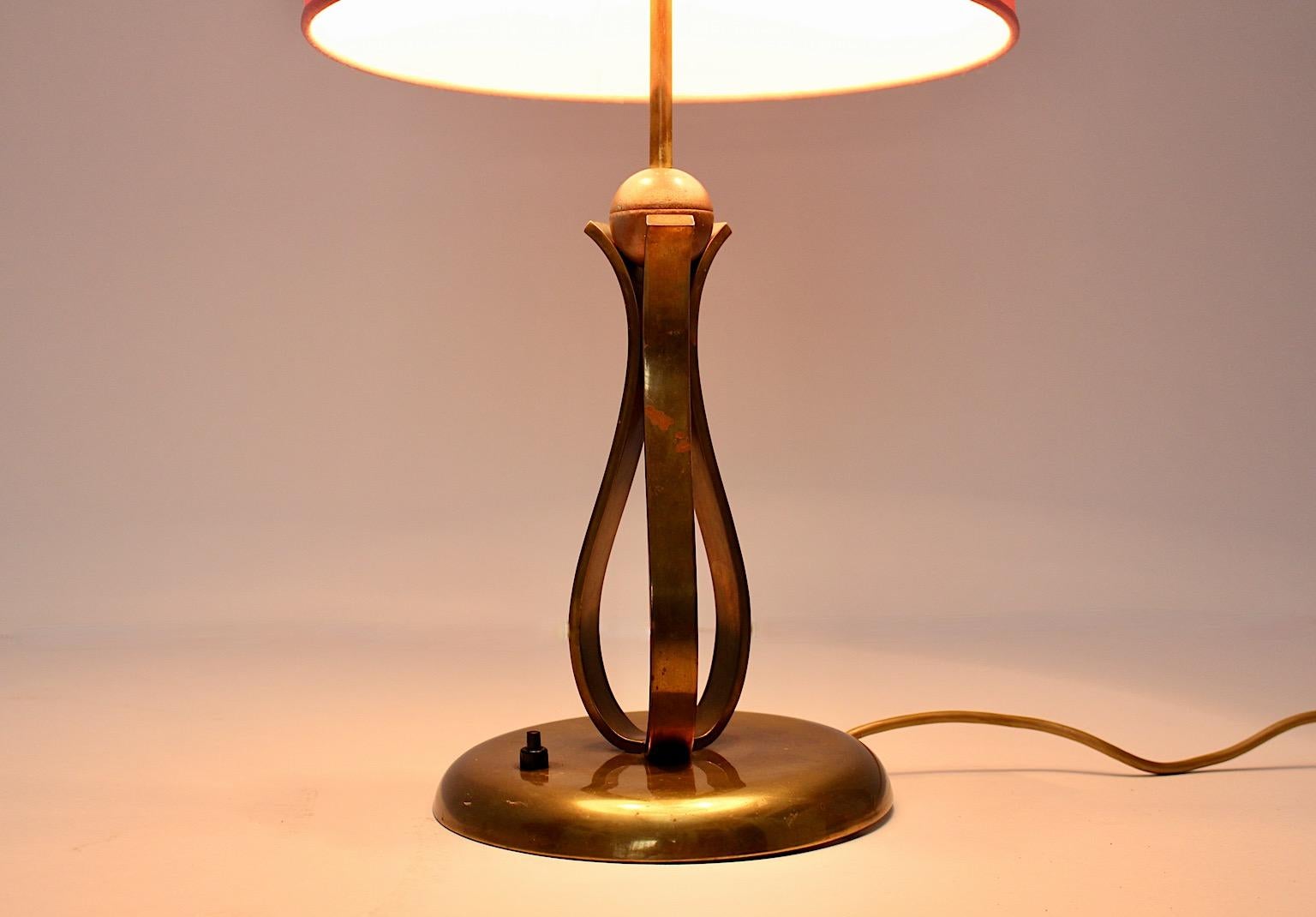 Austrian Art Deco Vintage Brass Copper Table Lamp Pink Shade 1930s Vienna For Sale