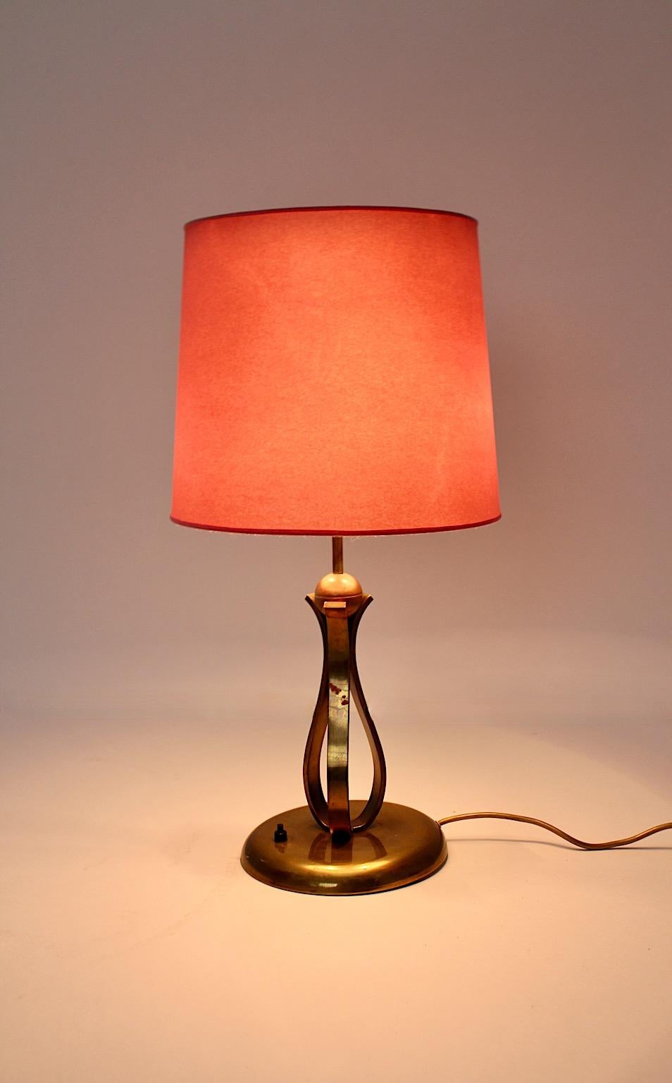 20th Century Art Deco Vintage Brass Copper Table Lamp Pink Shade 1930s Vienna For Sale