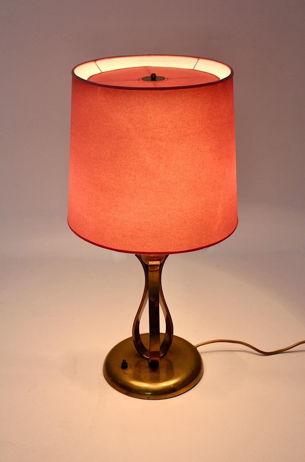 Art Deco Vintage Brass Copper Table Lamp Pink Shade 1930s Vienna For Sale 1