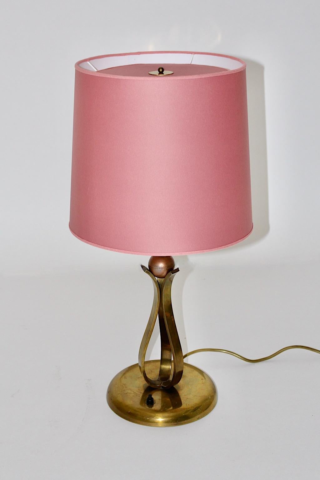 Art Deco Vintage Brass Copper Table Lamp Pink Shade 1930s Vienna For Sale 2