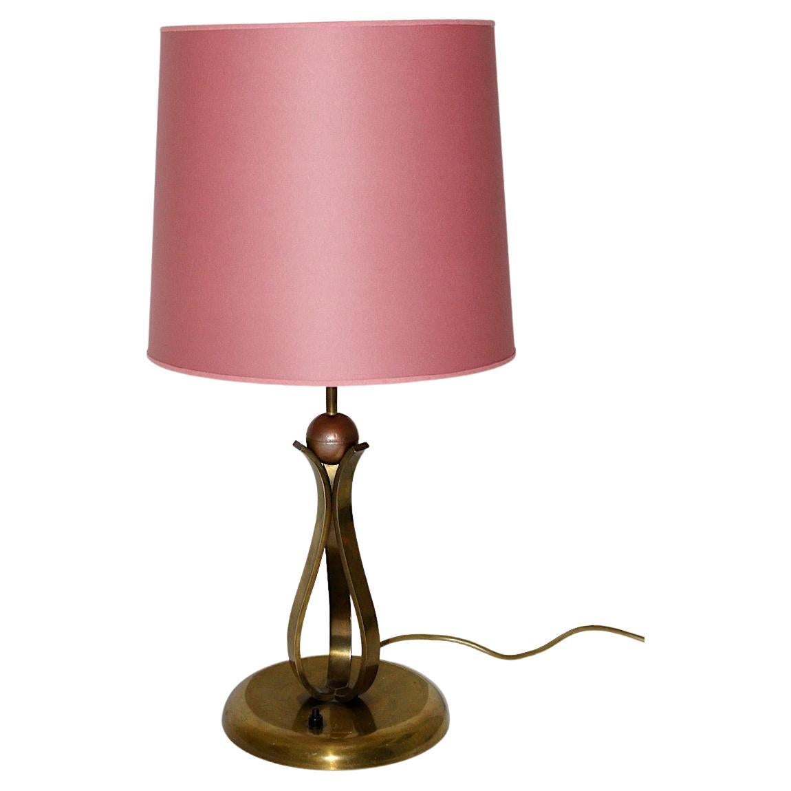 Art Deco Vintage Brass Copper Table Lamp Pink Shade 1930s Vienna For Sale