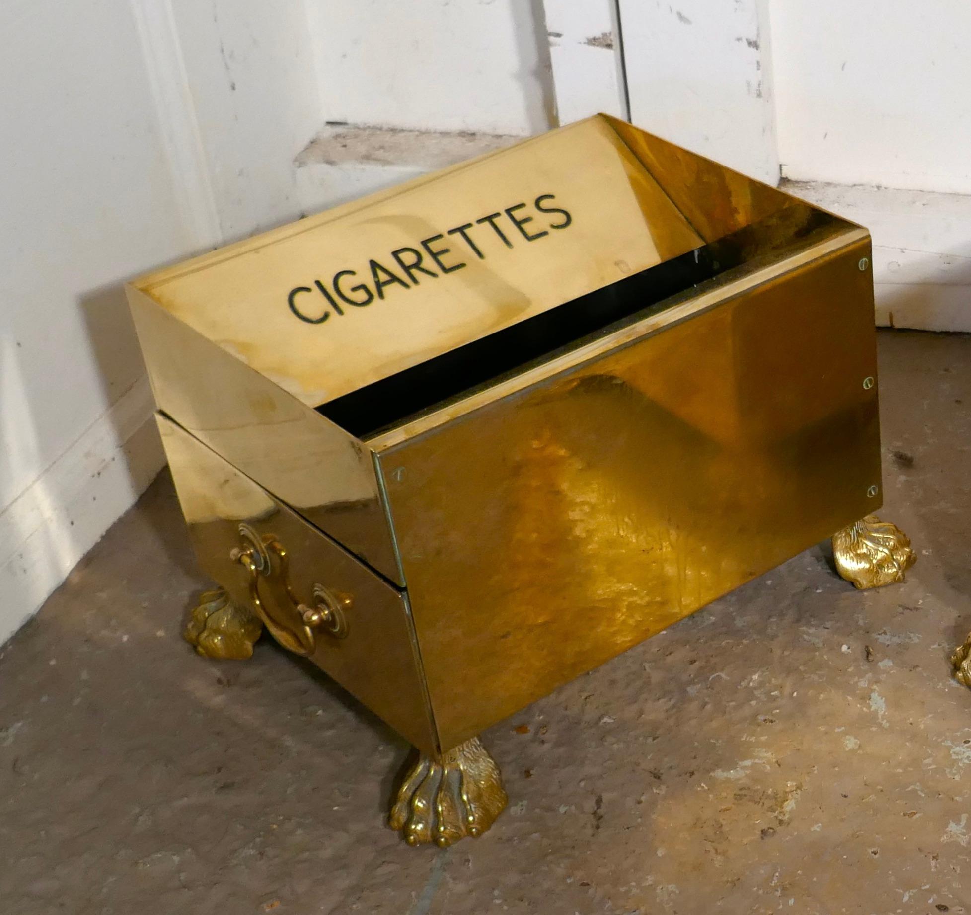 Art Deco vintage brass hotel floor ashtray

A rare solid brass floor ashtray, the tray has CIGARETTES embossed on one side, it stands on lions paw feet and has an ash pan drawer on the side for ease of emptying

A Design Classic of their time, and