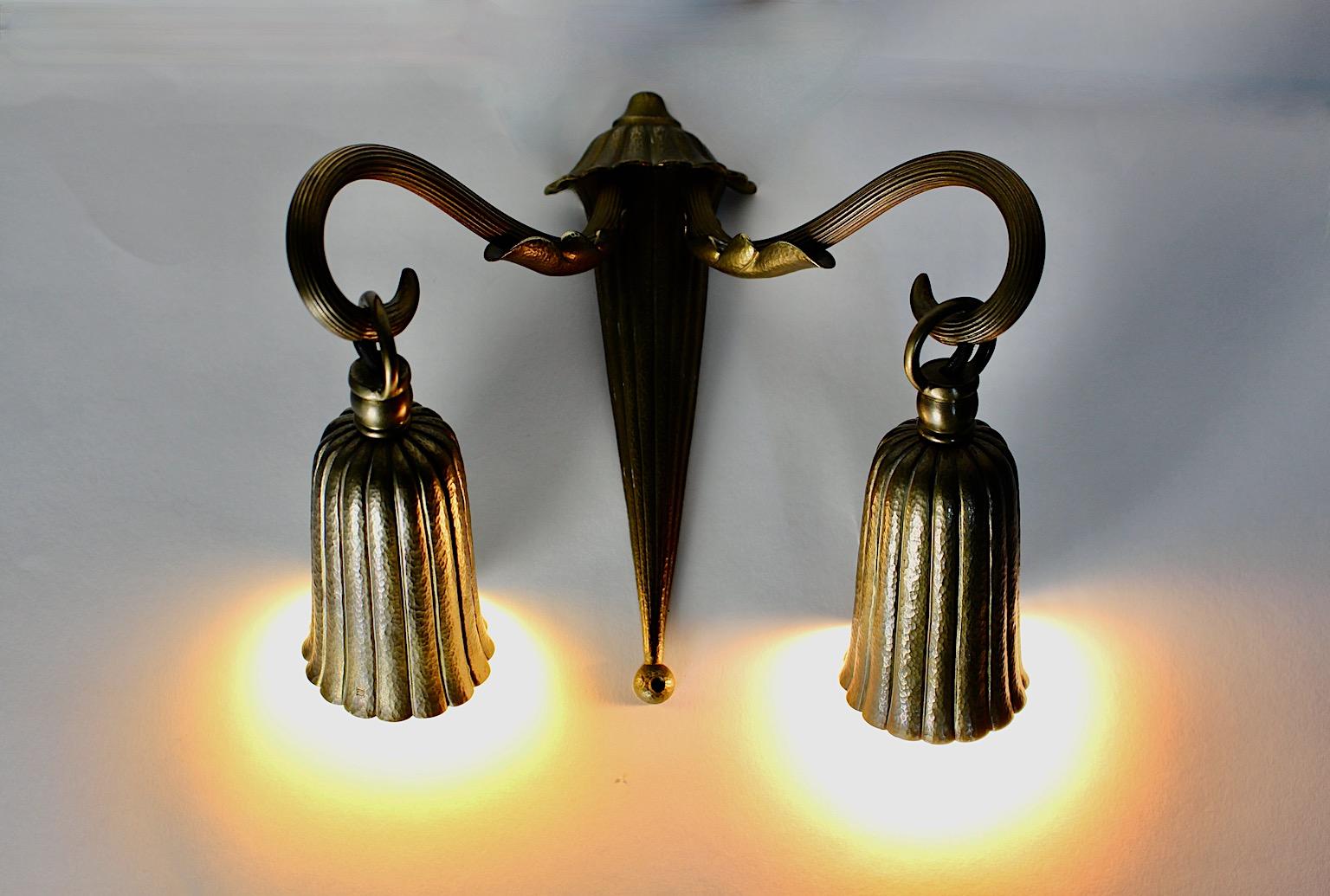 Hammered Art Deco Vintage Brass Sconce Wall Lighting, 1930s, Austria For Sale