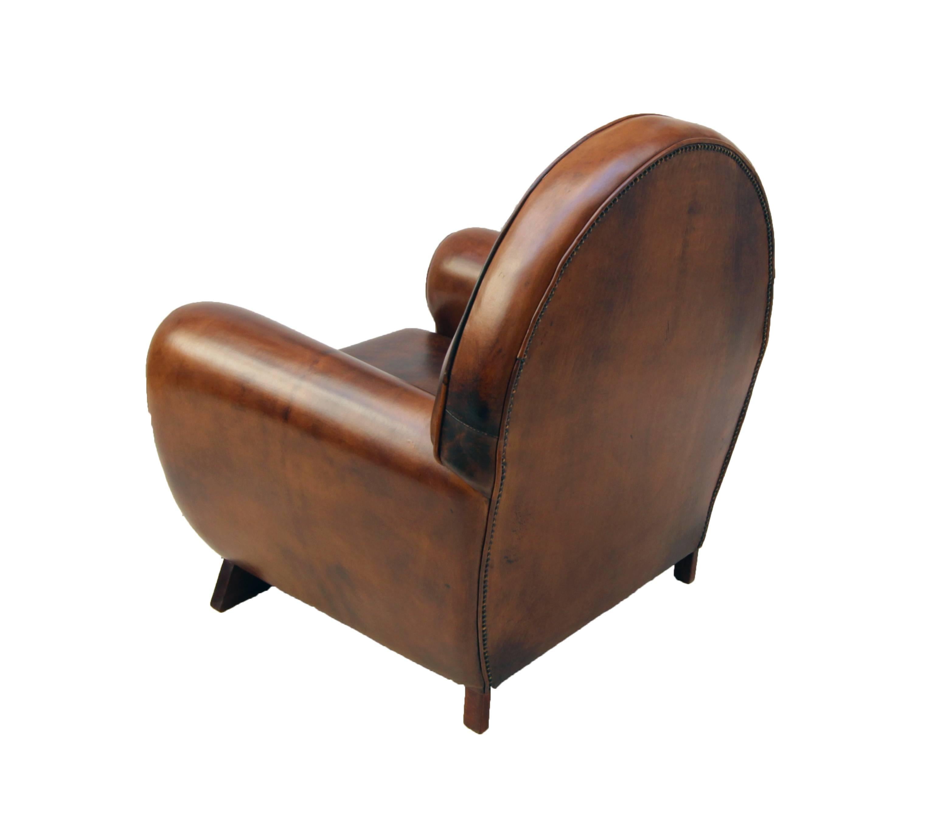 Art Deco Vintage Braun-Cognacfarbener Leder-Clubsessel (Art déco) im Angebot