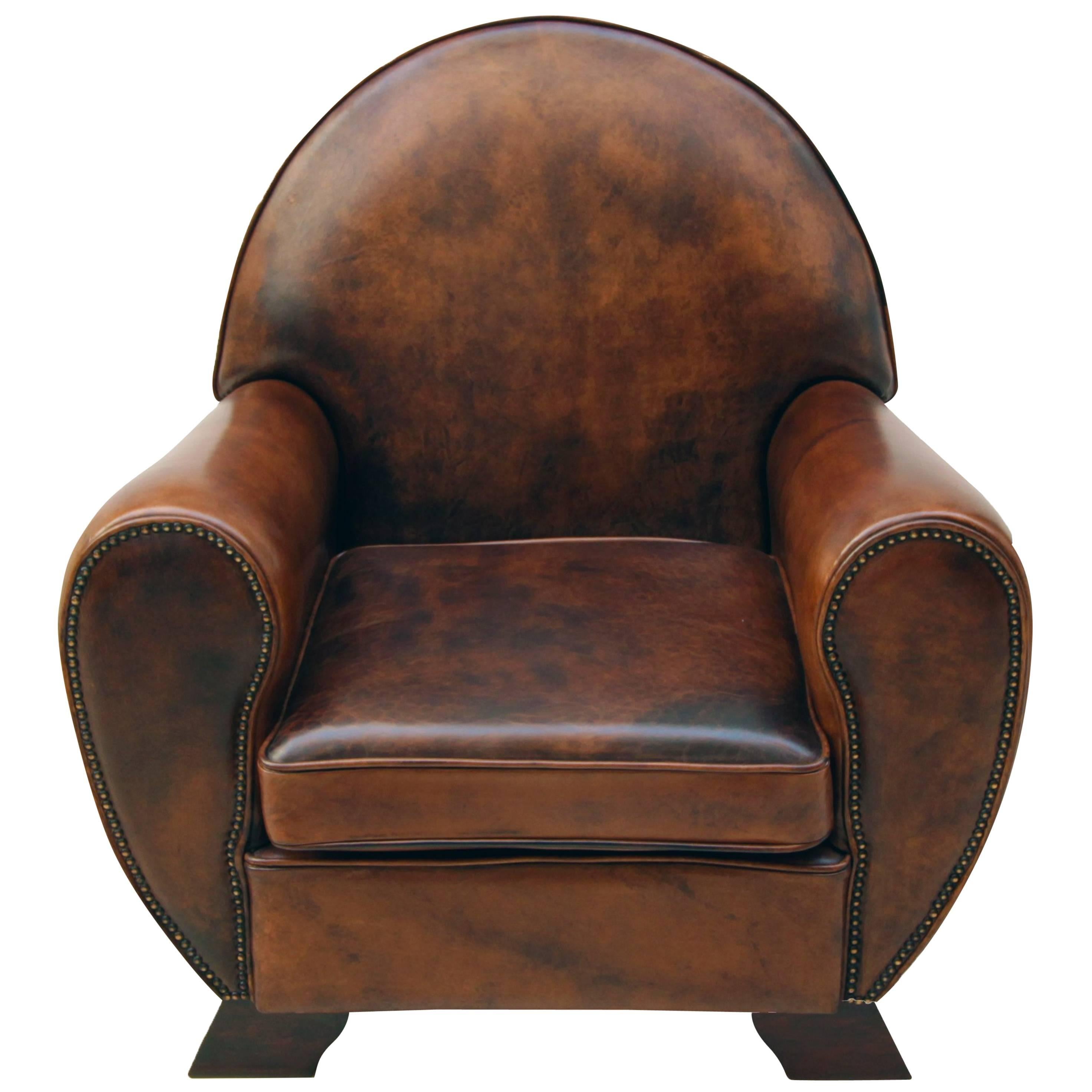 Art Deco Vintage Brown-Cognac Leather Club Armchair