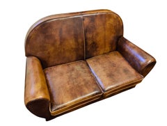 Canapé club Art Déco vintage en cuir marron-cognac