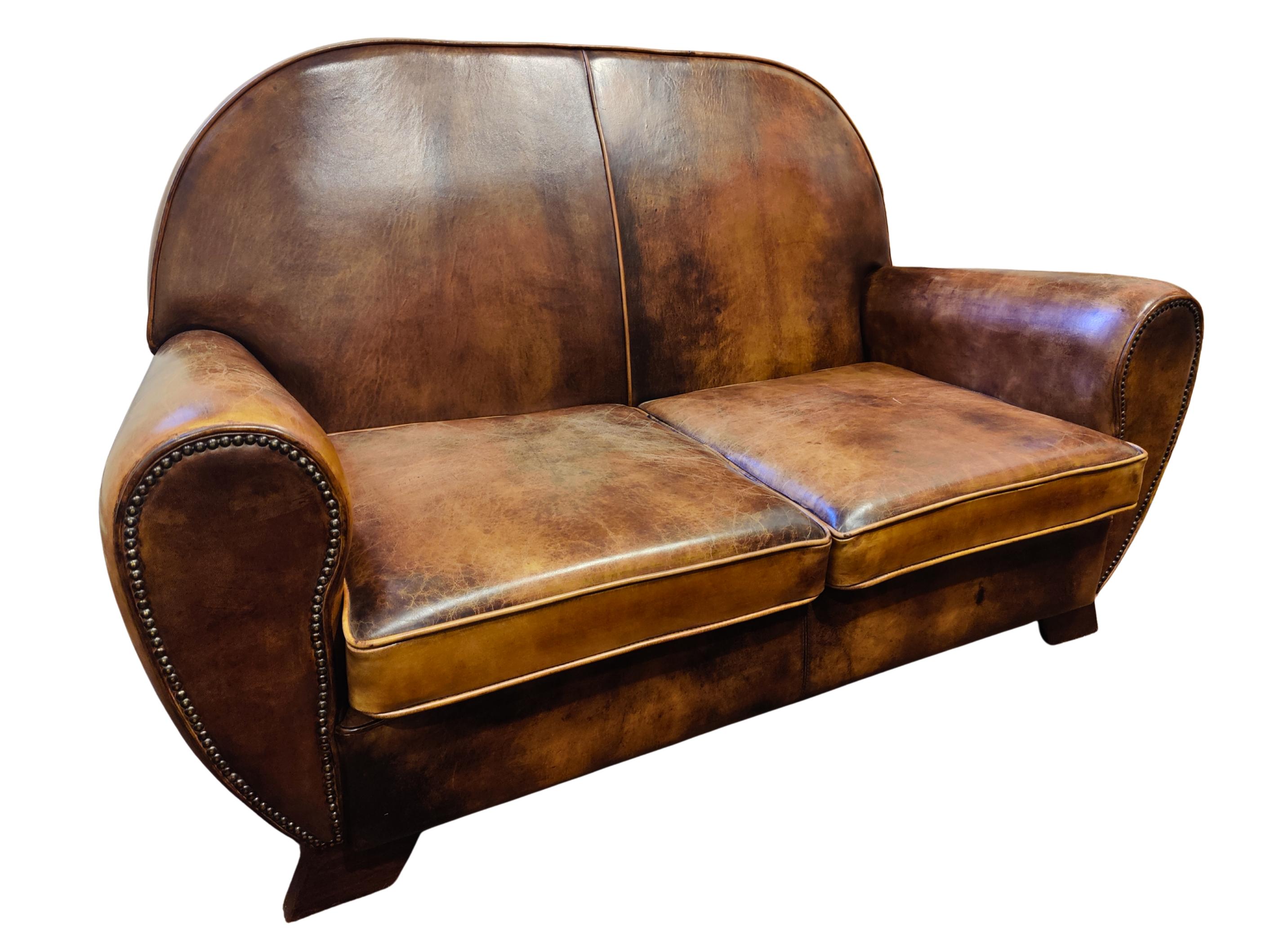 Canapé club Art Déco vintage en cuir marron-cognac