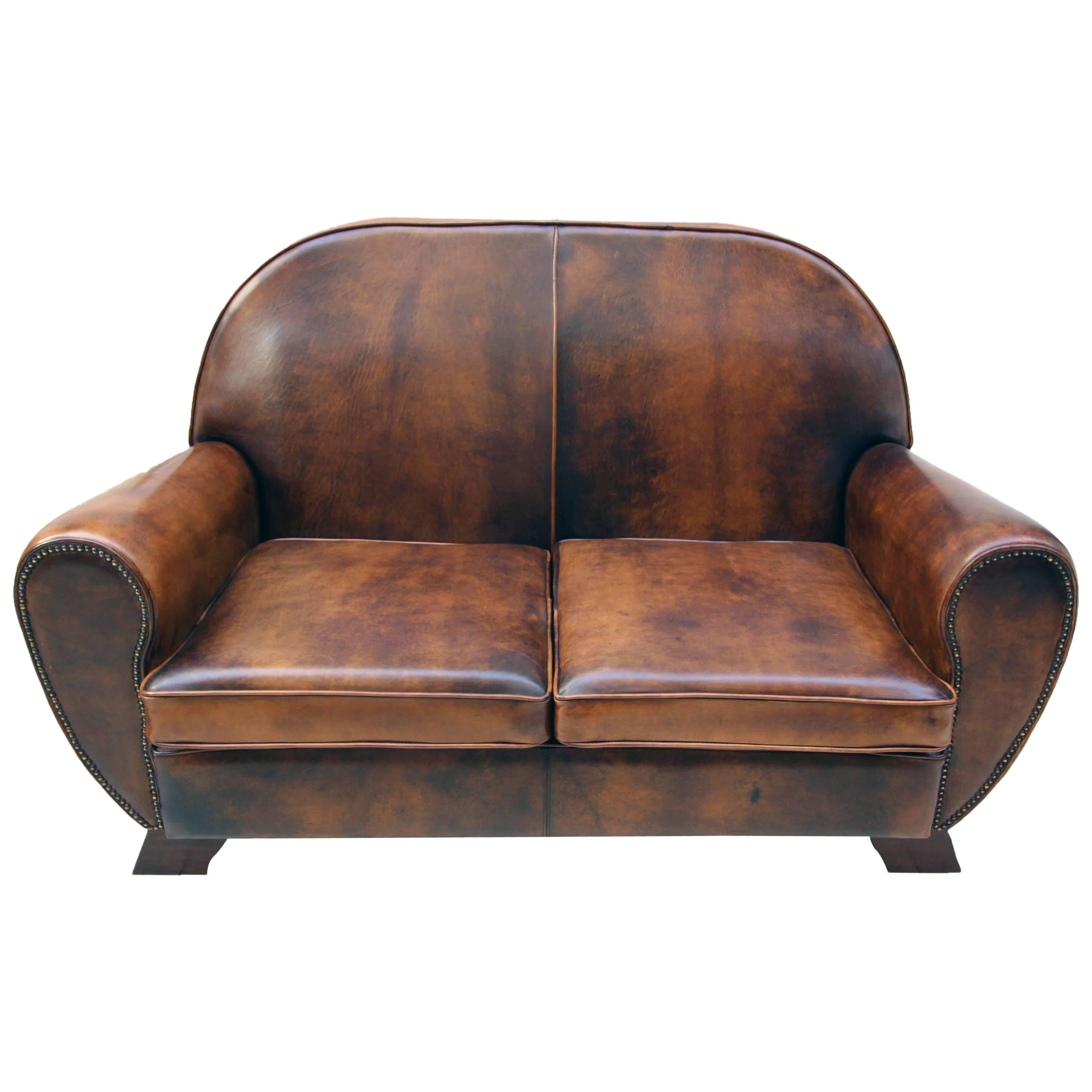 Art Deco Vintage Brown-Cognac Leather Club Sofa For Sale