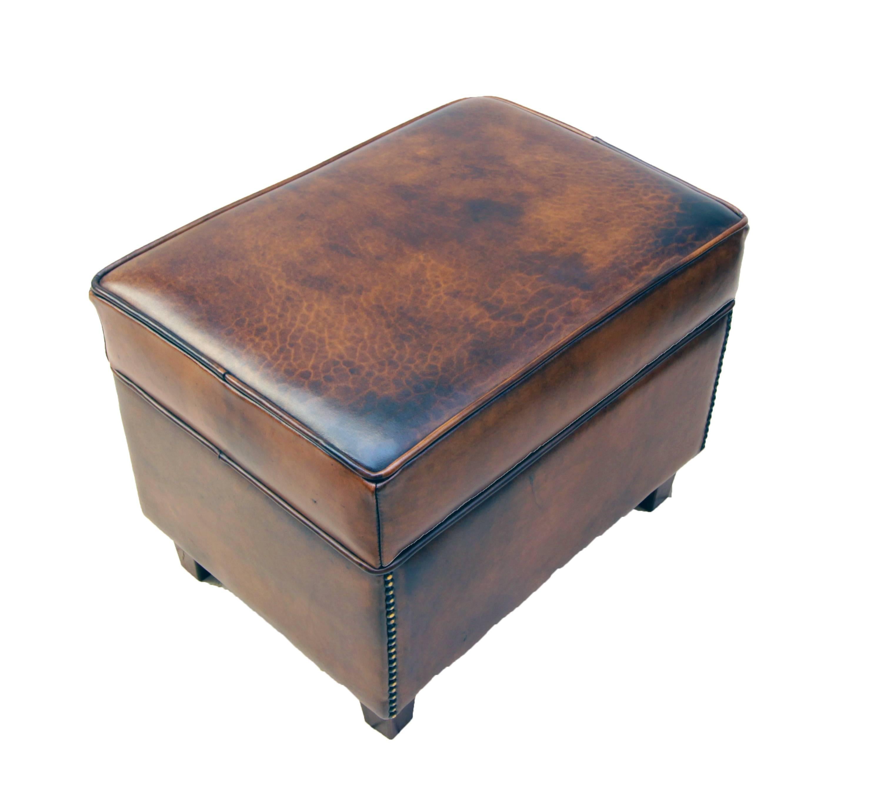 Dutch Art Deco Vintage Brown-Cognac Leather Club Stool For Sale