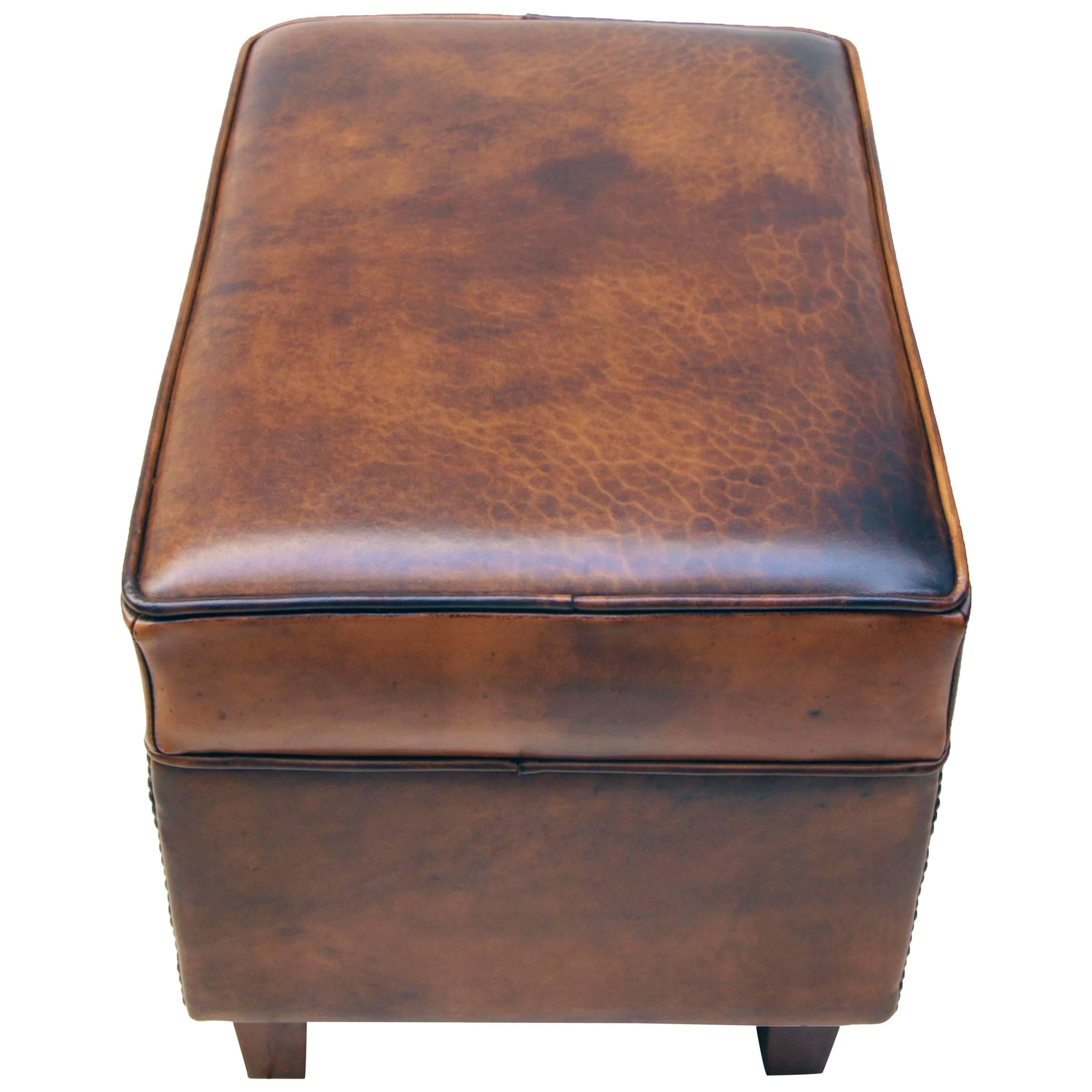 Art Deco Vintage Brown-Cognac Leather Club Stool For Sale